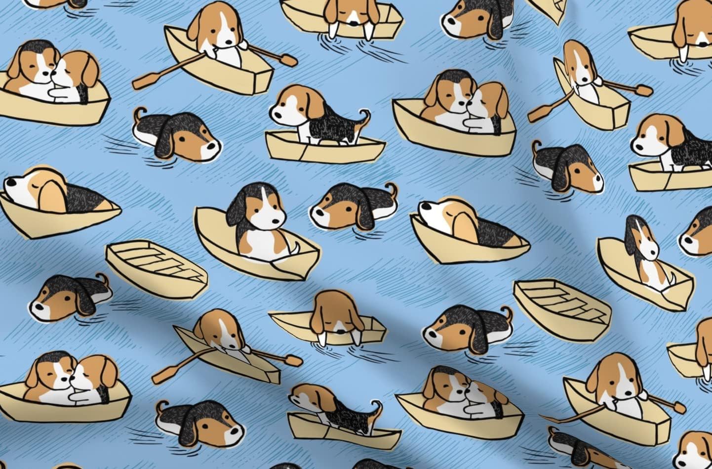 Spoonflower Fabric - Doggy Beagle Dogs Puppy Boat Swimming Paddle Whimsical Nautical Water Printed on Organic Cotton Sateen Fabric by The Yard - Sewing Quilting Apparel Home Decor