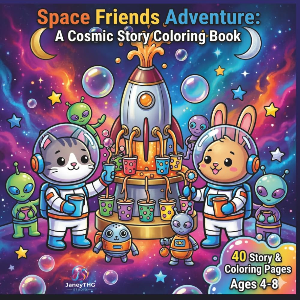 Space Friends Adventure: A Cosmic Story Coloring Book: Cute 40 Story Scenes