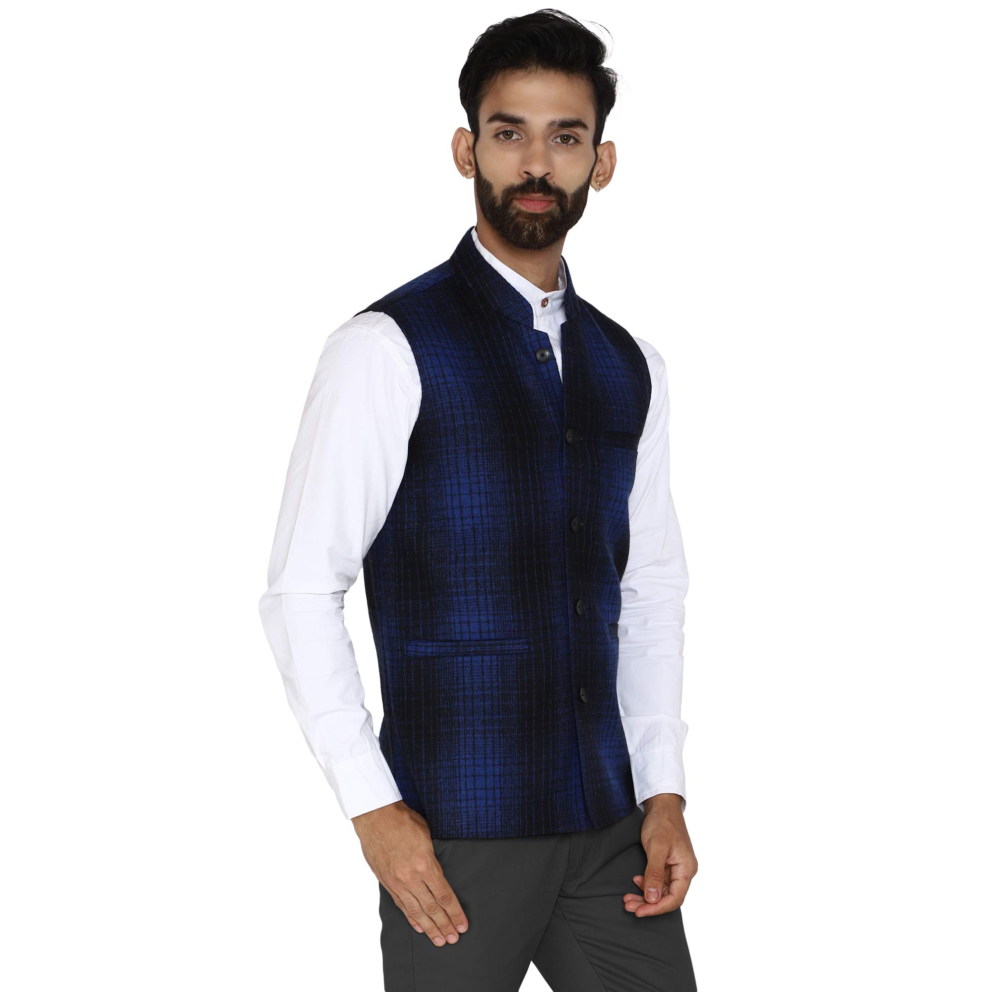 essentiele Men's Blue Black Macmillan Dress Checkered Wool Tweed Bandhgala Ethnic Nehru Jacket-picture-20