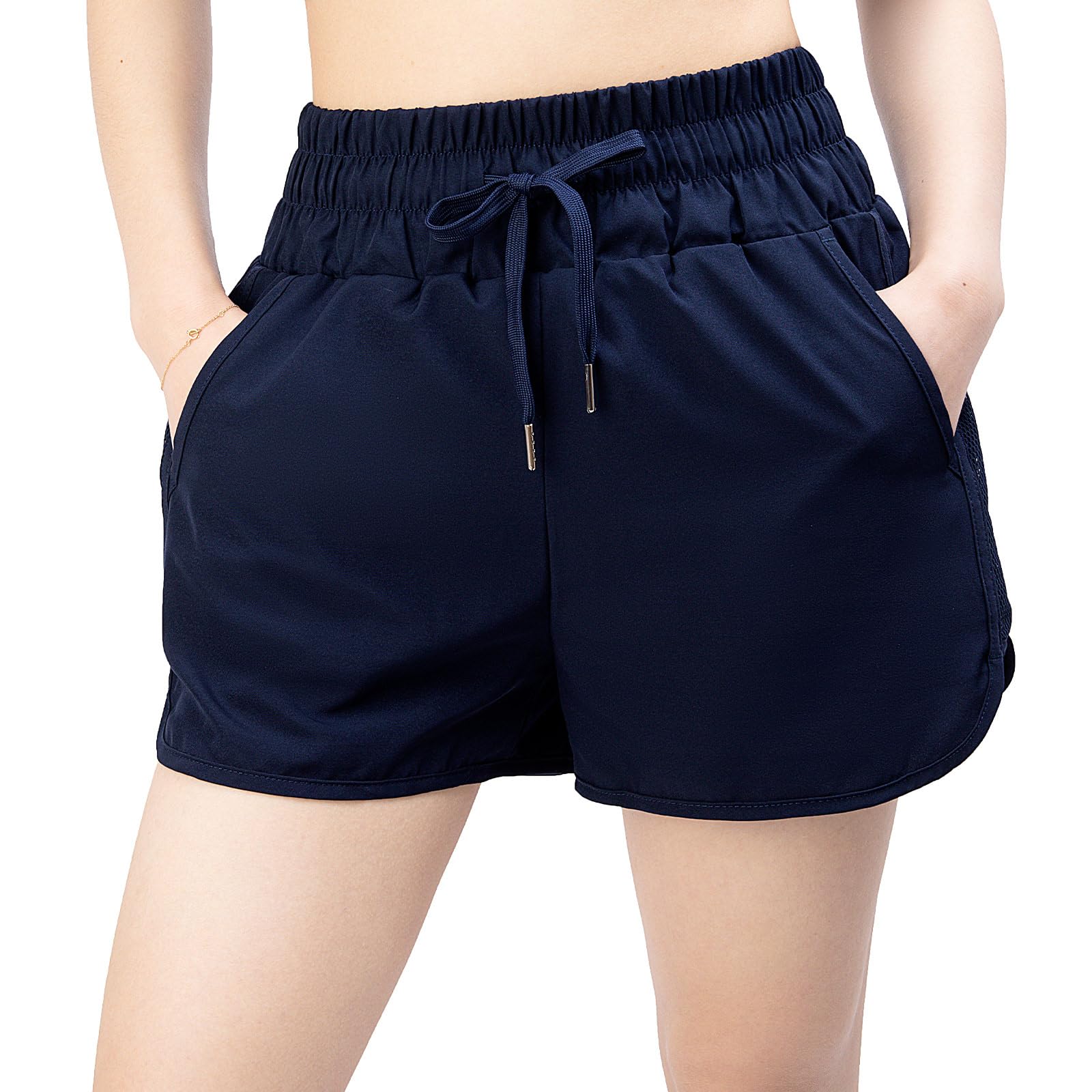 Pantalones cortos de natación para mujer, de cintura alta, de secado rápido, con cordón ajustable, pantalones cortos de surf con parte inferior y bolsillos