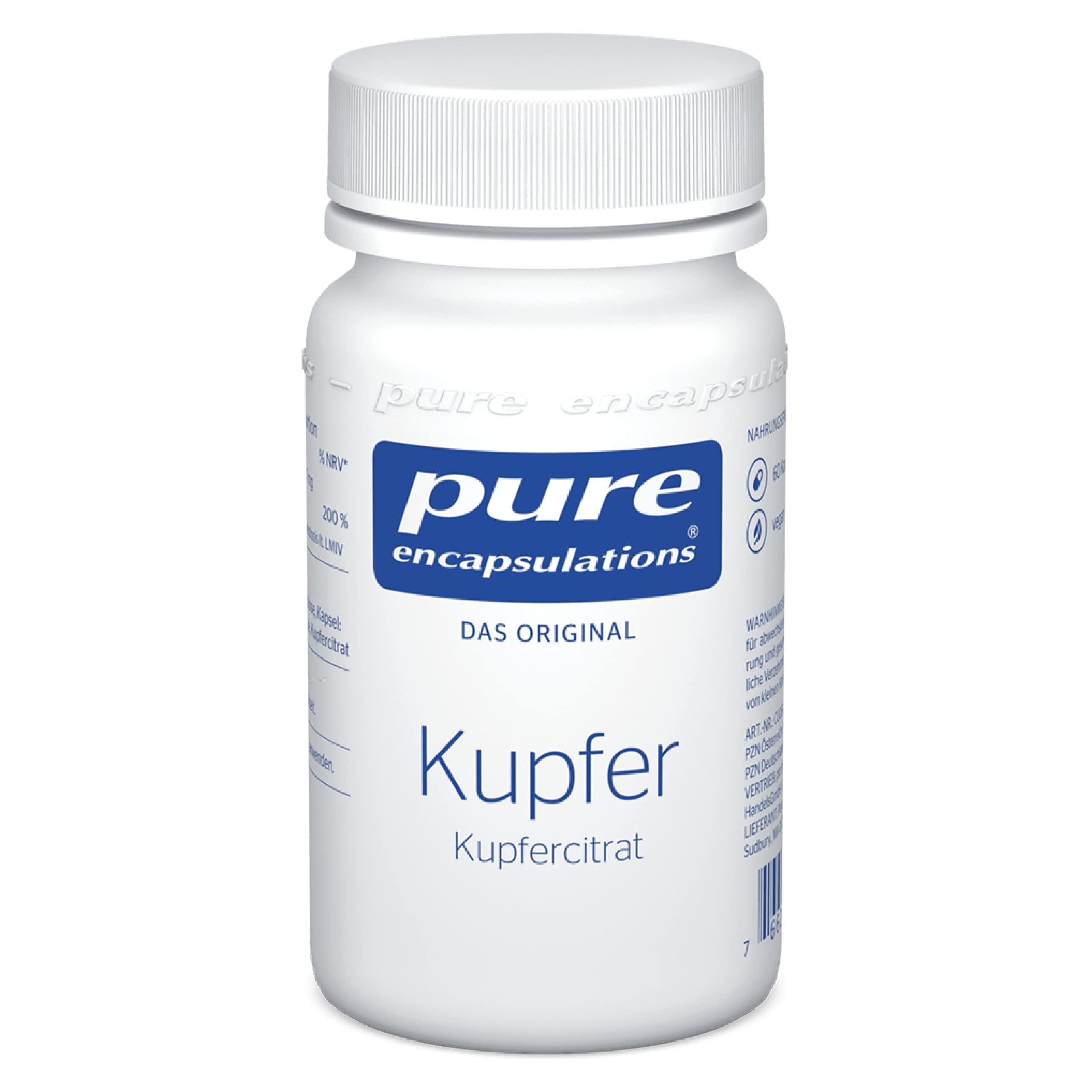 Pure Encapsulations - Kupfer (Kupfercitrat) - Spurenelement Kupfer für Haut & Haare - Immunsystem, Nevernsystem und Energiestoffwechsel - 60 vegane Kapseln