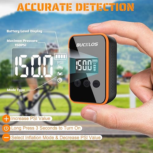 Miniatura 4 de BUCKLOS Mini bomba eléctrica para bicicleta portátil con medidor de presión, máx. 150 PSI, bomba de aire para bicicleta, parada automática, tipo C