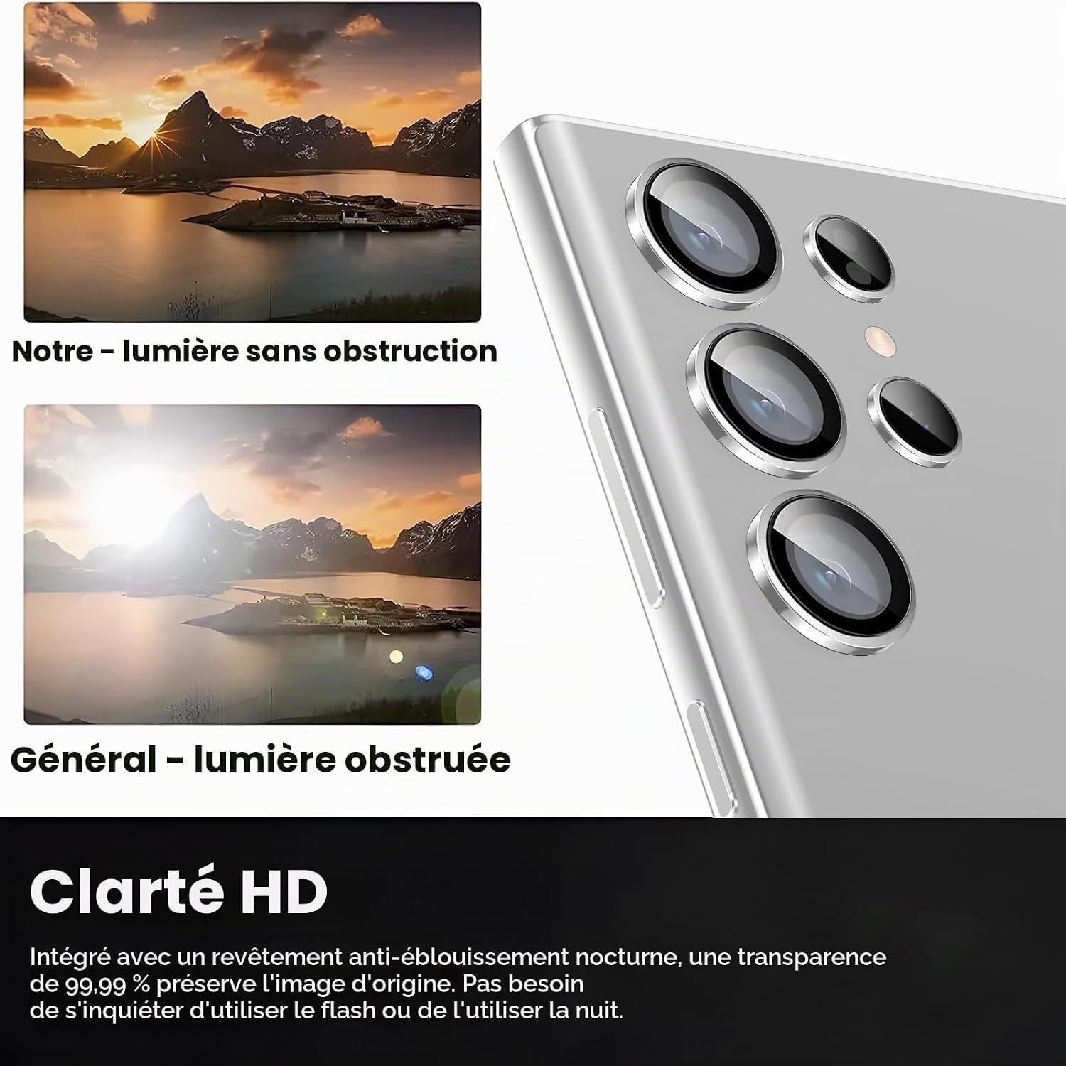Coiwxmoi Ochraniacz na obiektyw aparatu do Samsung Galaxy S23 Ultra 5G, szkło hartowane 9H, HD przezroczyste odporne na zarysowania, aluminiowy ochraniacz na aparat 3D, srebrny