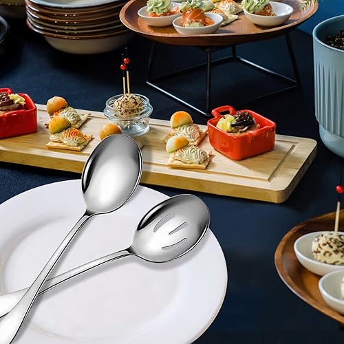 Miniatura 4 de Juego de 4 cucharas de servicio de acero inoxidable, 10 pulgadas, incluye 2 grandes, 2 ranuradas, para fiestas, cocina, bufé, catering, apto para