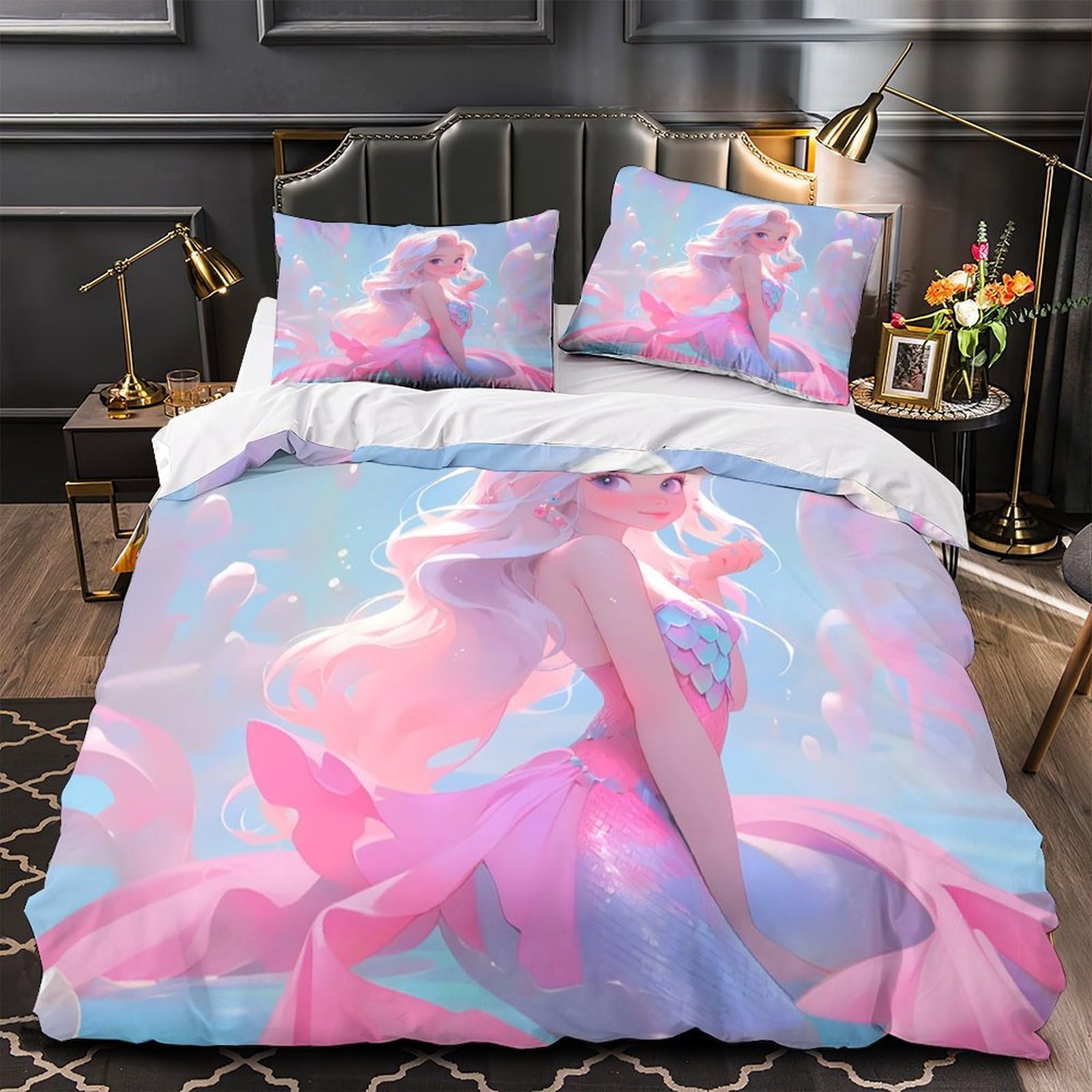 Housse de couette sirène 220x240 cm avec 2 taies d'oreiller pour lit king size