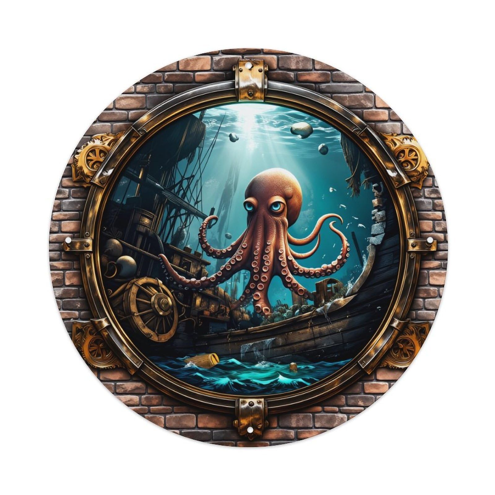 Octopus Shipwreck Underwater Steampunk Window Round Tin Sign Vintage Metal Poster, Home Bar Garage Man Cave Cafe Indoor & Outdoor Wall Decoration 8x8Inches