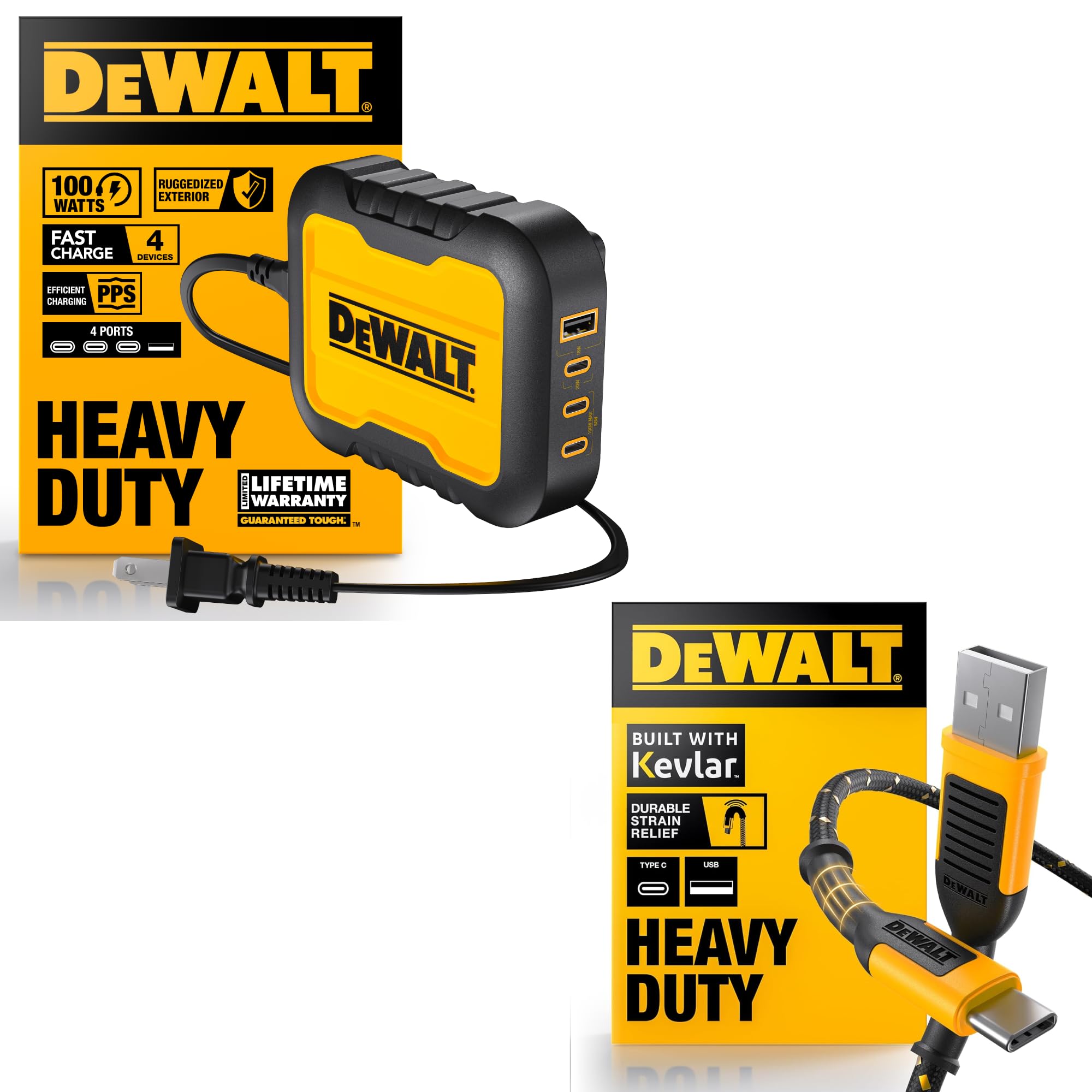 DEWALT 4 Port USB C Charger Block 100W USB with 4 FT Lightning to USB Cable Charger Cord