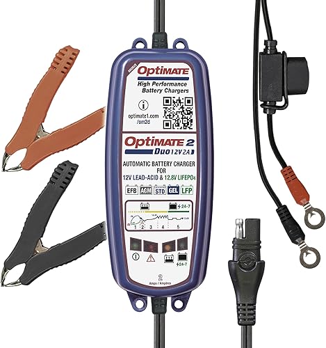Tecmate Optimate 2 Duo, TM-551, Serie Bronce Cargador y mantenedor de batería sellada de 5 pasos 12V12.8V 2A, azul