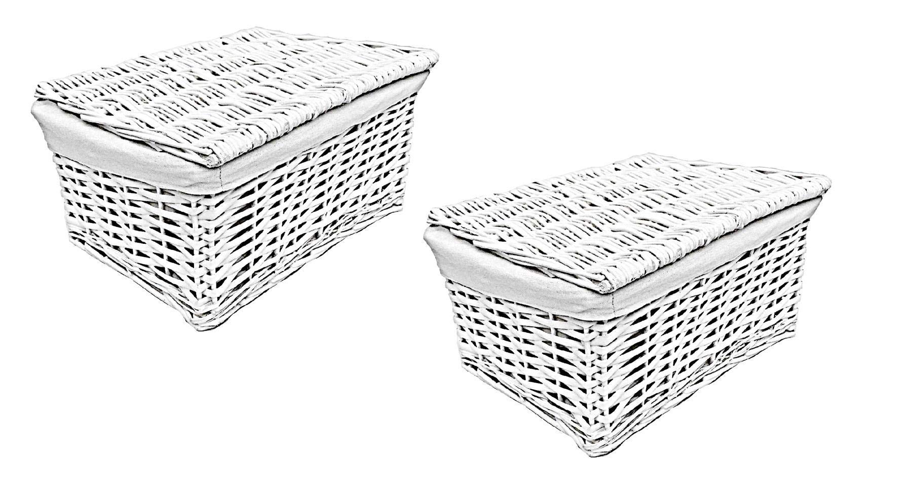 Topfurnishing White Set Of 2 Wicker Storage Basket With Lid Lining Xmas Hamper Set Of 2 Medium (35X24x15cm)