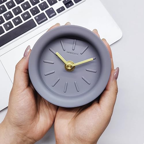 Miniatura 3 de Reloj analógico de escritorio pequeño, funciona con pilas, mesa retro, cemento gris, al lado del estante, simple, de mediados de siglo, lindo, mini