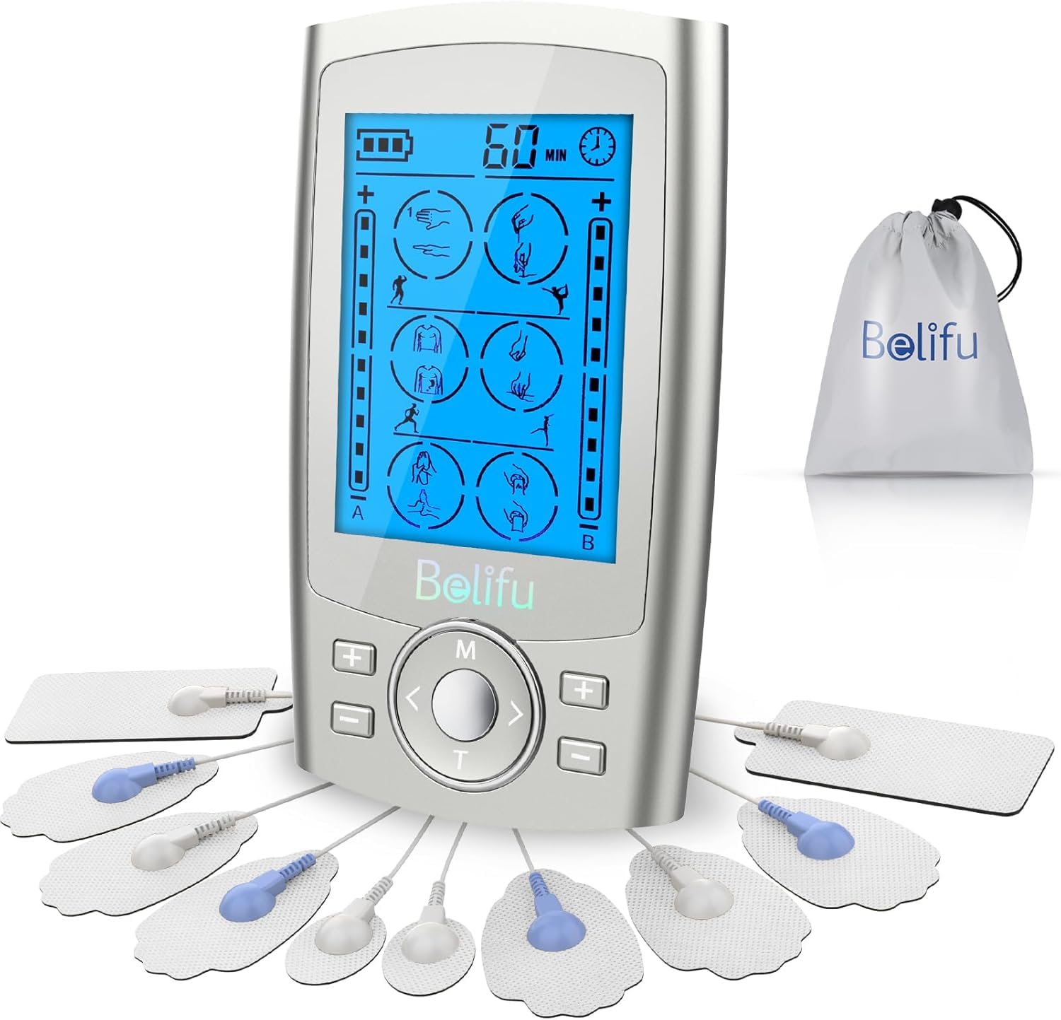 Belifu TENS EMS Unit and Adhesive Pad Reusable Self-Adhesive Replacement Massage Pads