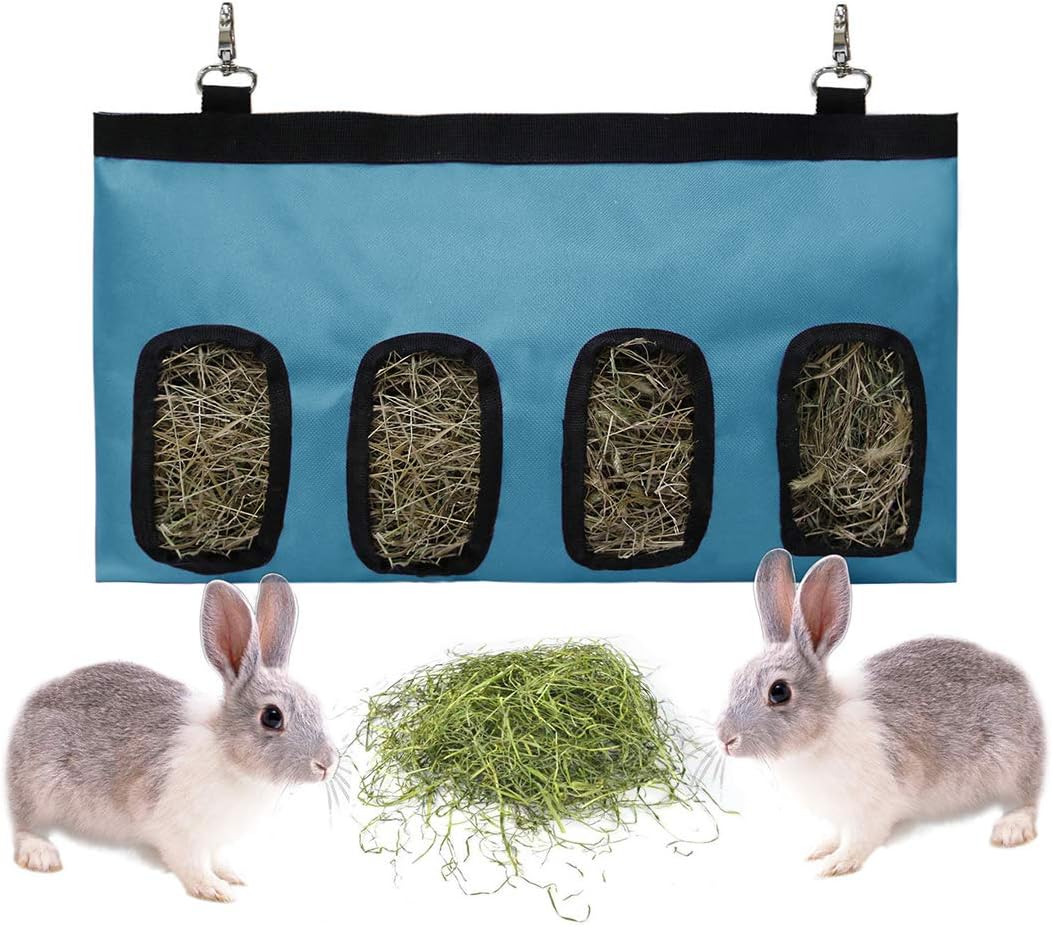 Alimentador de conejo, conejito de indias, comedero de heno, comedero de heno, comedero de conejo, bolsa de tela de chinchilla de plástico para alimentos (4 agujeros, azul)