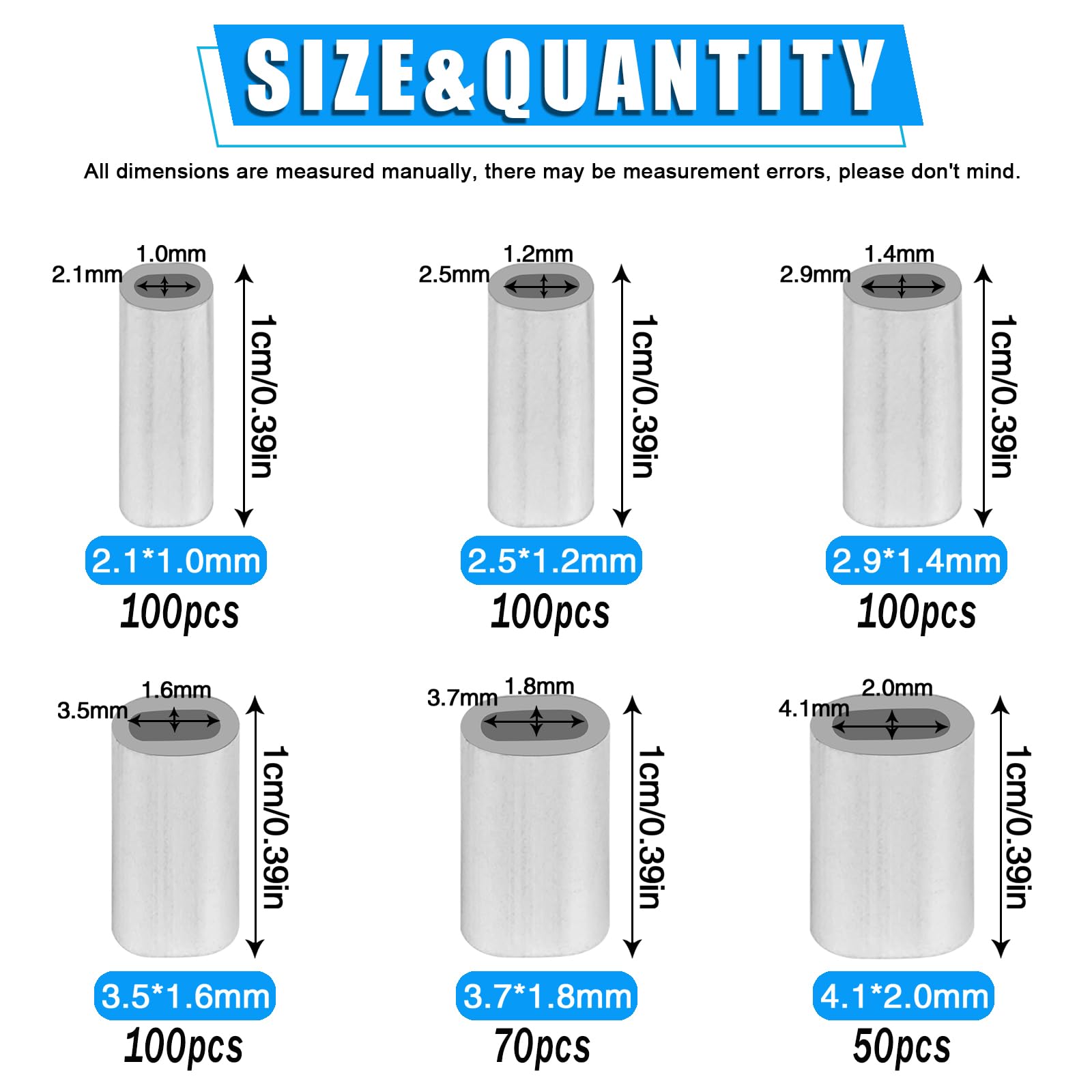 JSHANMEI Aluminum Fishing Crimp Sleeves Kit, 520pcs Single Barrel Crimp Sleeves Oval Fishing Loop Sleeves Tube Connector Kit Fishing Line Crimping Sleeves Wire Leader Rigging Tackle 6 Sizes