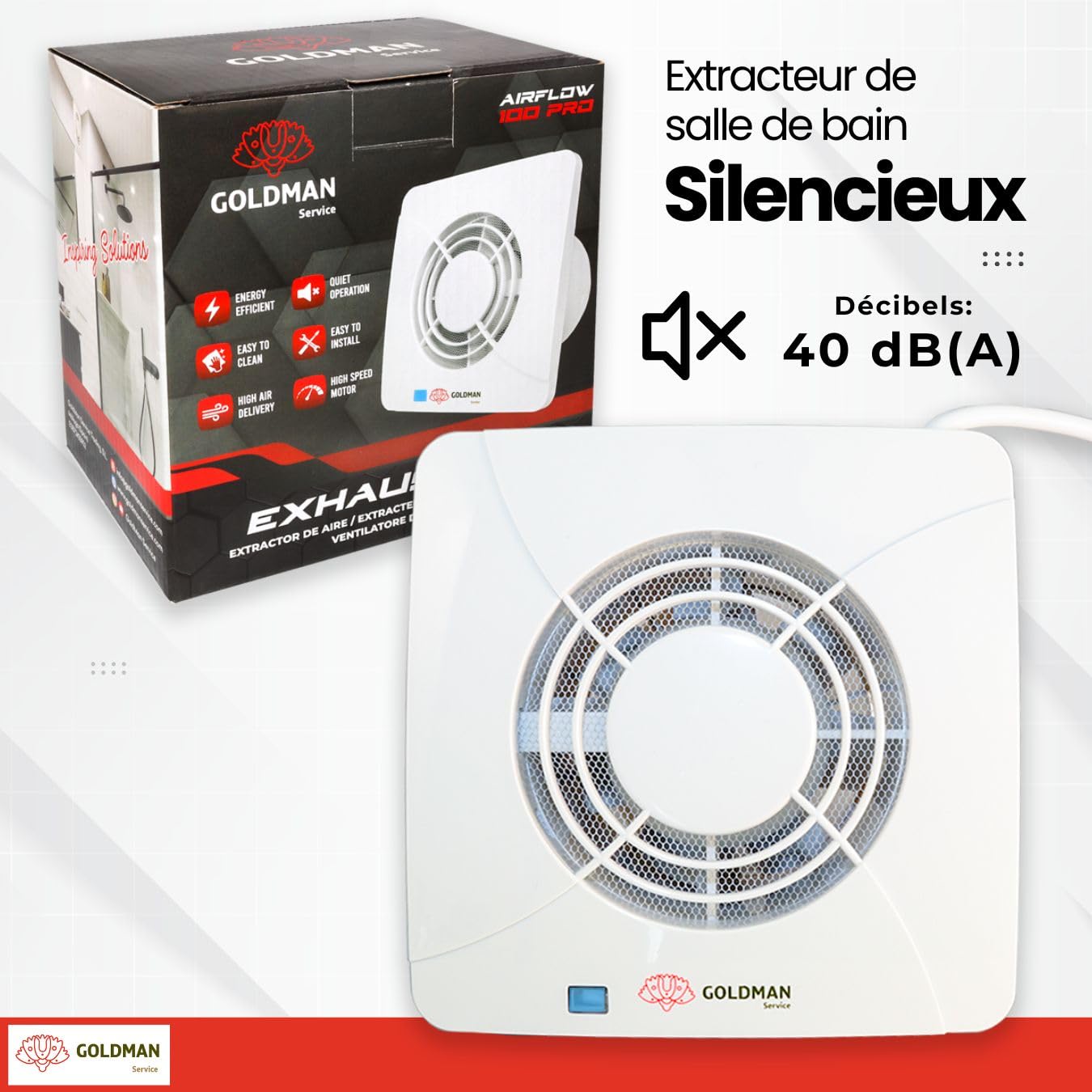 GOLDMAN SERVICE | Extracteur de salle de bain cuisine silencieux, puissant, Ventilateur extracteur d'air, anti-humidité, anti-odeur, Valve anti-retour et moustiquaire | Diamètre : 100 mm