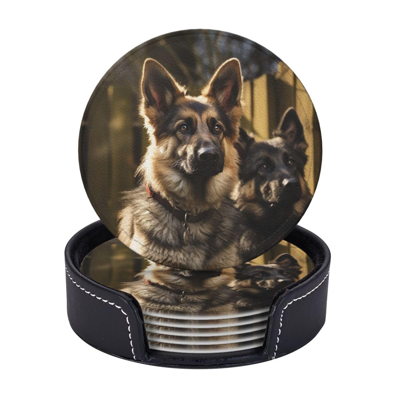 Round Coasters for Drinks Set of 6 - PU Leather Coasters with Holder - Modern Drink Coasters for Coffee Table - German Shepherd Coaster for Tabletop Protection 4" Cup Mat Pad