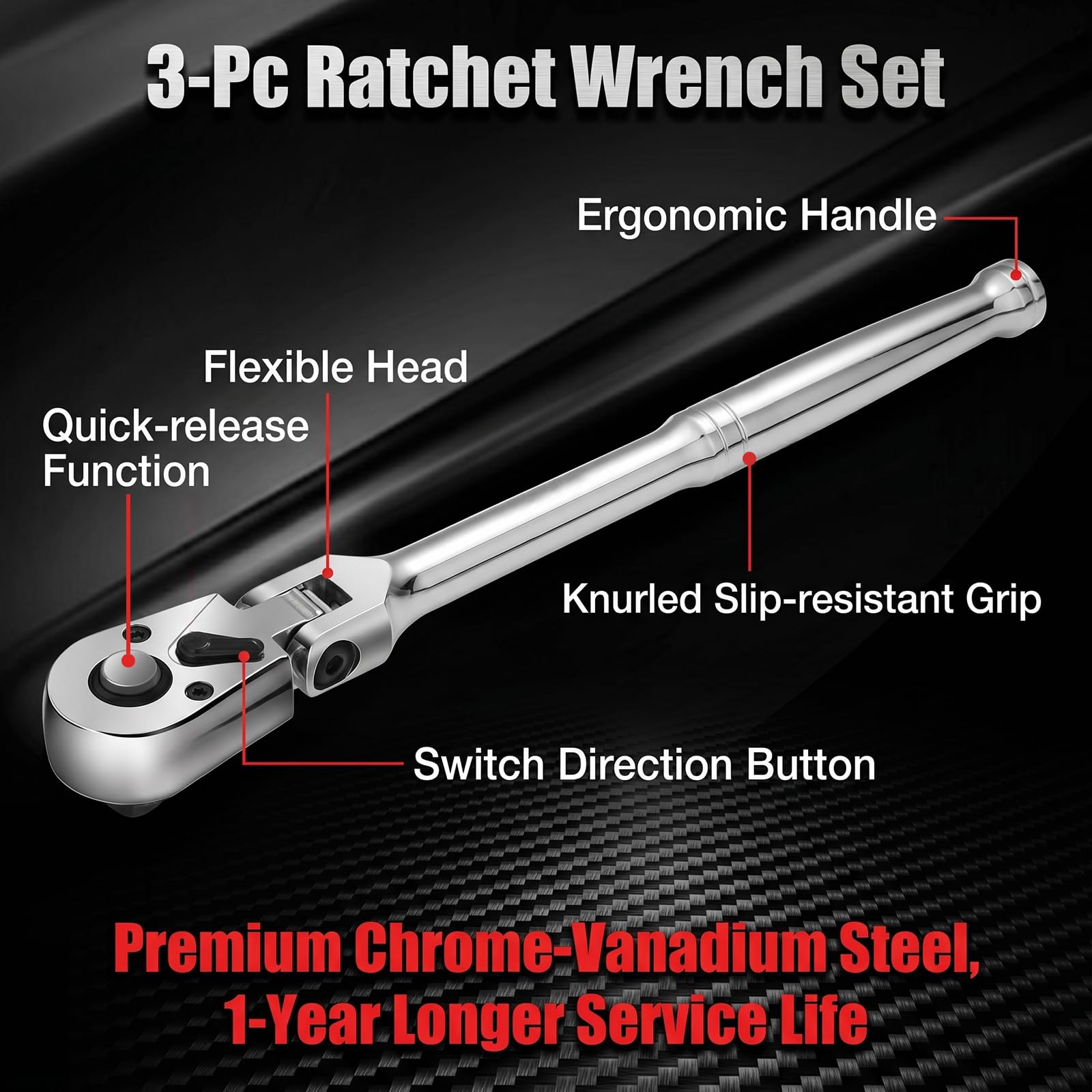 Set di 3 chiavi a cricchetto a gomito in diverse dimensioni, 1/2, 3/8, 1/4", set di chiavi a cricchetto a 72 denti a sgancio rapido con testa girevole flessibile