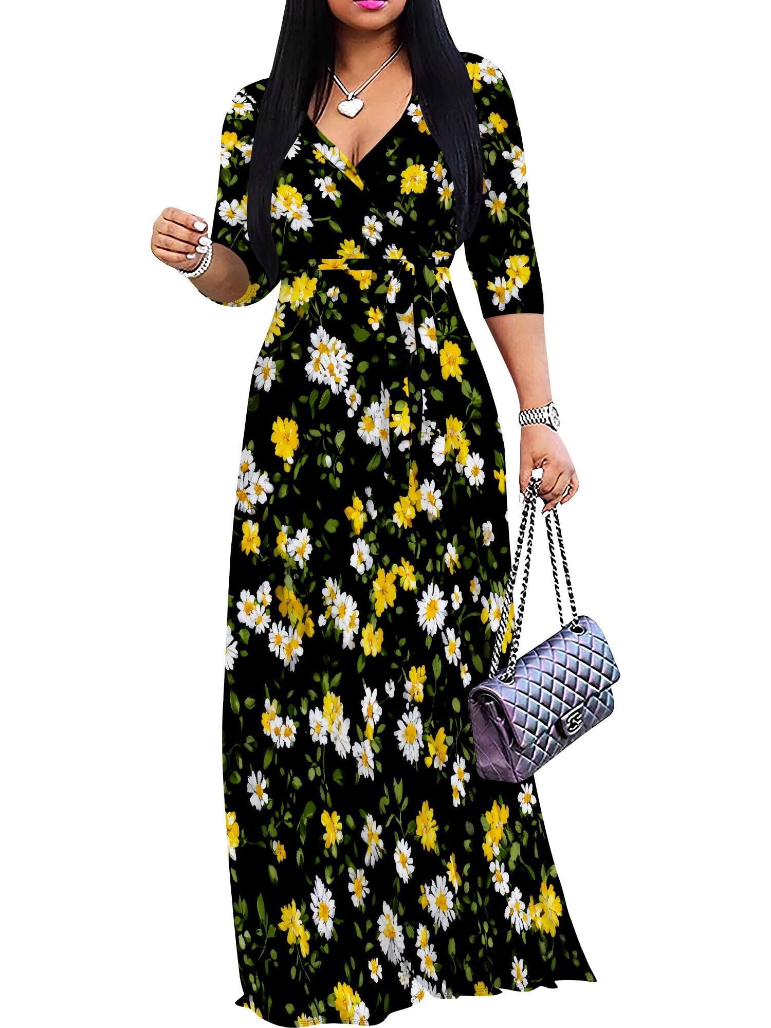 PinkPatty Plus Size Maxi Dress for Women Casual V Neck 3/4 Sleeve Boho Printed Long Dress with Pockets