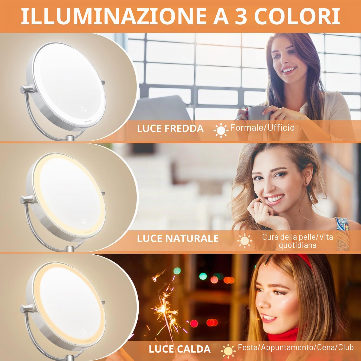 Auxmir Specchio da Parete, Ingrandimento 1X/30X, Specchio Trucco con Luci a 3 colori, Luminosità Regolabile, Specchio Bagno, Girevole a 360°, Alimentatore a Spina, Spegnimento Automatico, per Bagno