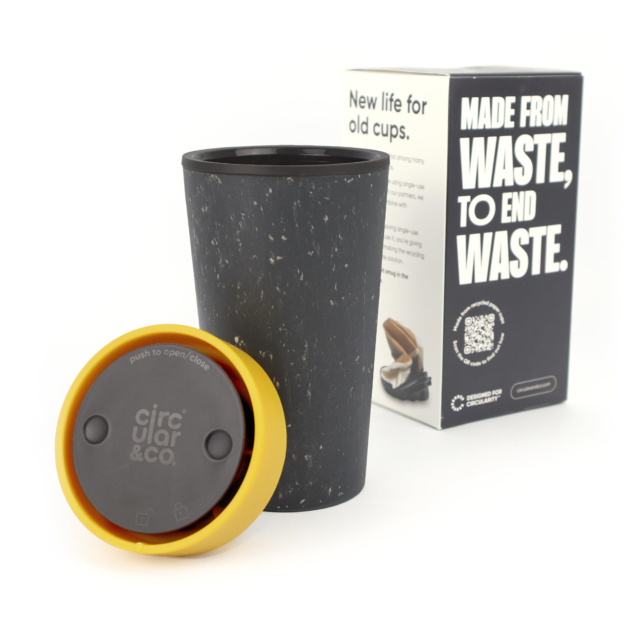 Circular&Co 12oz / 340ml Reusable Coffee Cup – Made from Recycled Paper Cups – Leakproof, Lockable Travel Mug, BPA Free – Grey & Mustard Yellow – Made in the UK — image 1