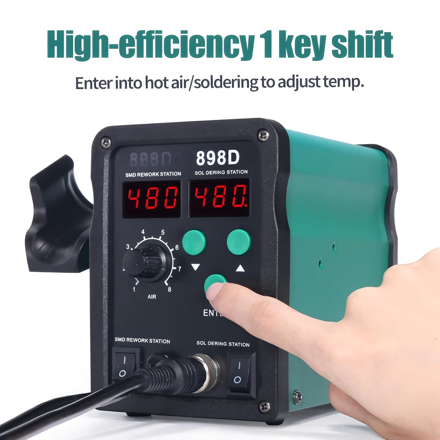 A hand pressing a button on the TOOLTOP 898D, demonstrating the one-key shift function for adjusting temperature.