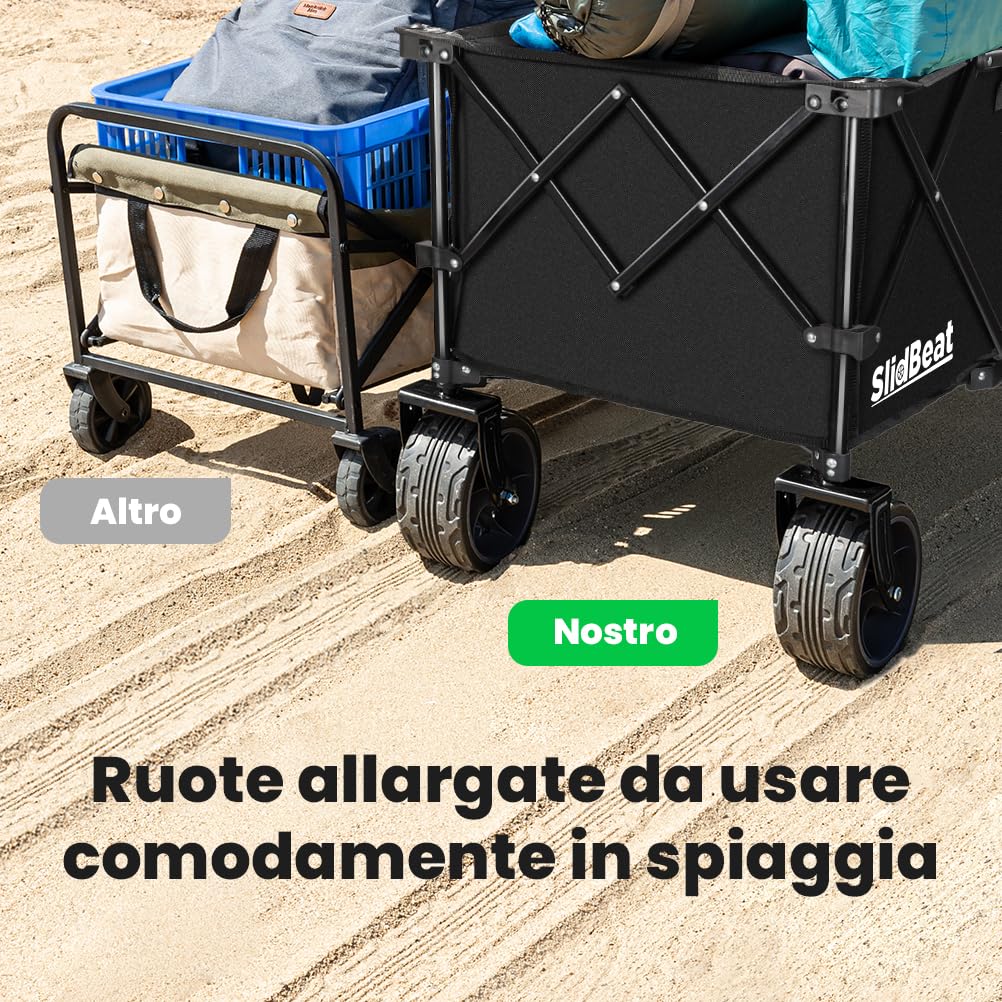 SLIDBEAT - Carrello da Giardino Pieghevole, Carrello Spiaggia con Ruote Grandi, Portata fino a 250kg, per Attività All'aperto, Giardino, Campeggio
