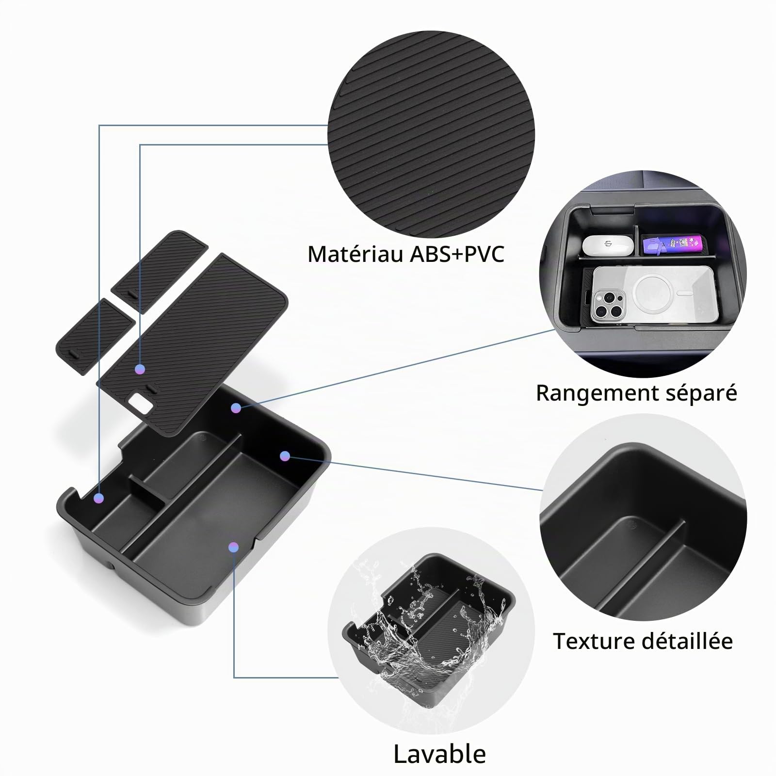 smabee Boîte d'accoudoir compatible avec Leapmotor B10 2025 2026 - Plateau de rangement pour voiture - Accessoires intérieurs ABS + PVC - Noir