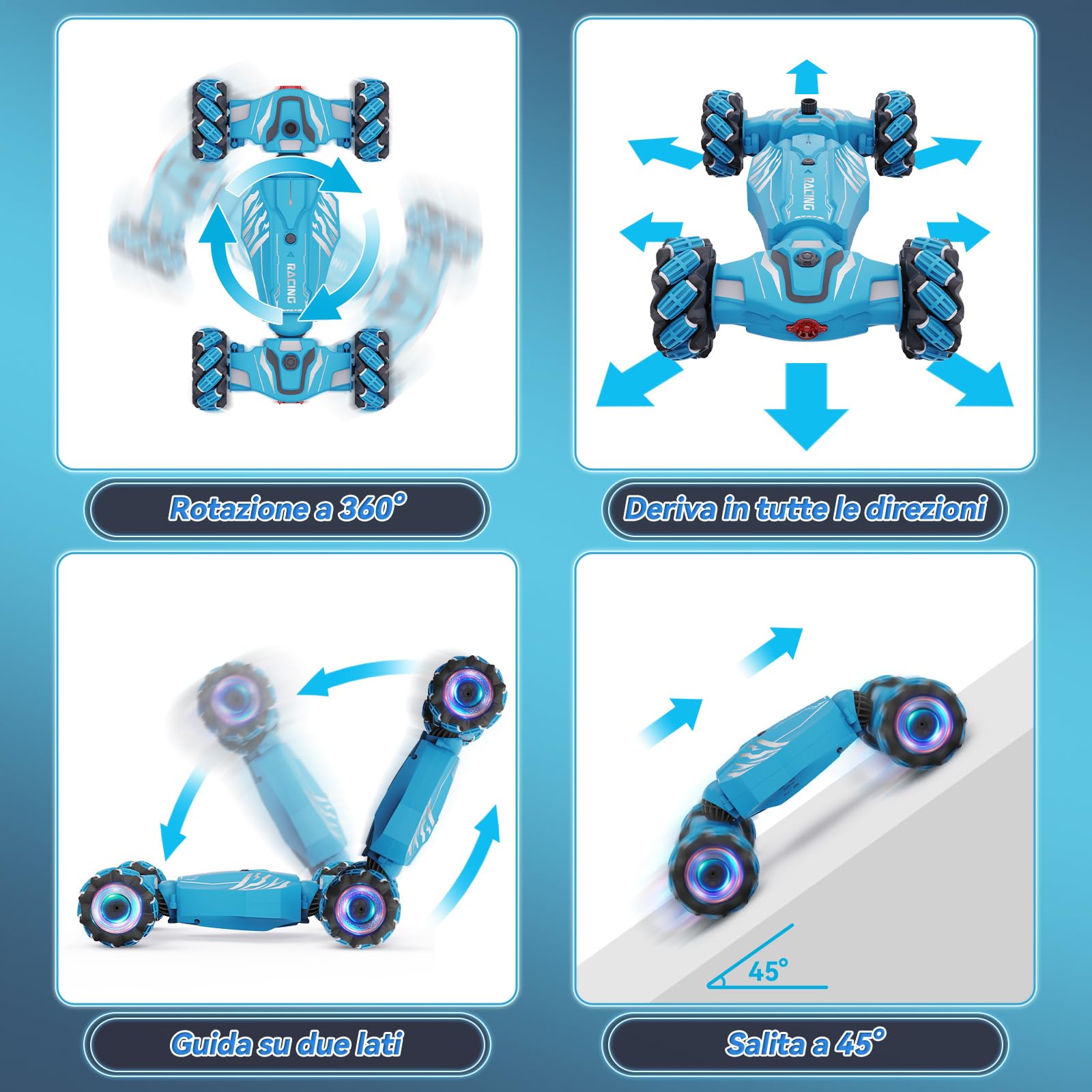 Dysaim Macchina Telecomandata per Bambini,4WD Auto Telecomandata Controllo Gestuale, 2.4Ghz Rotazione a 360° RC Stunt Car con Luci,Musica,Spray, Giocattoli Natale Regalo per Bambini da 6 8 12 Anni,Blu