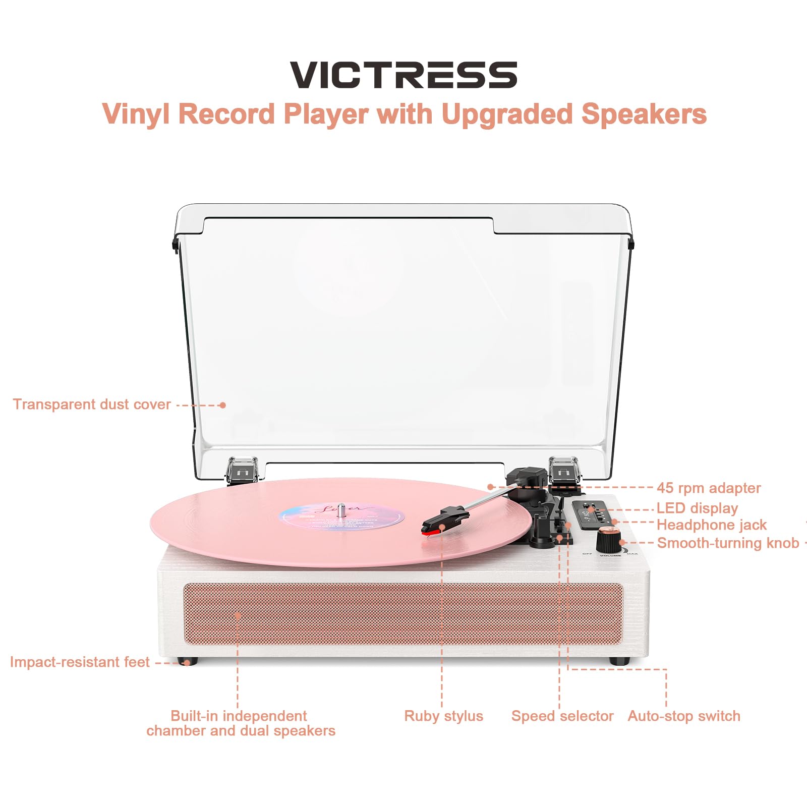VINYLS LINK Giradischi in vinile con altoparlanti, giradischi Bluetooth con modalità EQ e display LED, giradischi vintage rosa, giradischi a 3 velocità per dischi in vinile, registrazione USB