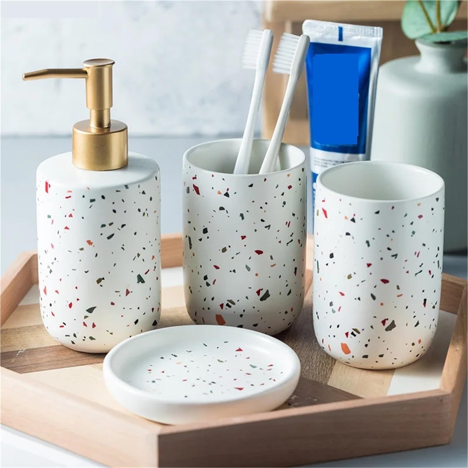 Set De BañO Juego De Decoración De Baño, Cerámica, Botella De Emulsión, Vaso for Hacer Gárgaras, Jabonera, Materiales De Arte(White set2)