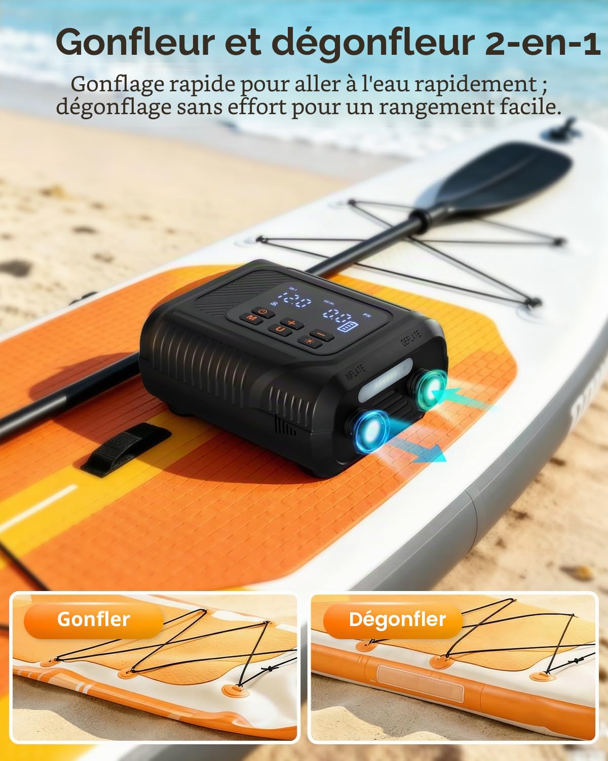 Sup Pompe Électrique 20 PSI – Rechargeable, 12V, Gonflage/Dégonflage Auto-Arrêt, Pression Précise – Gonfleur Electrique Paddle pour Paddle, Kayak, Tente, Matelas Gonflable, Jouets Piscine