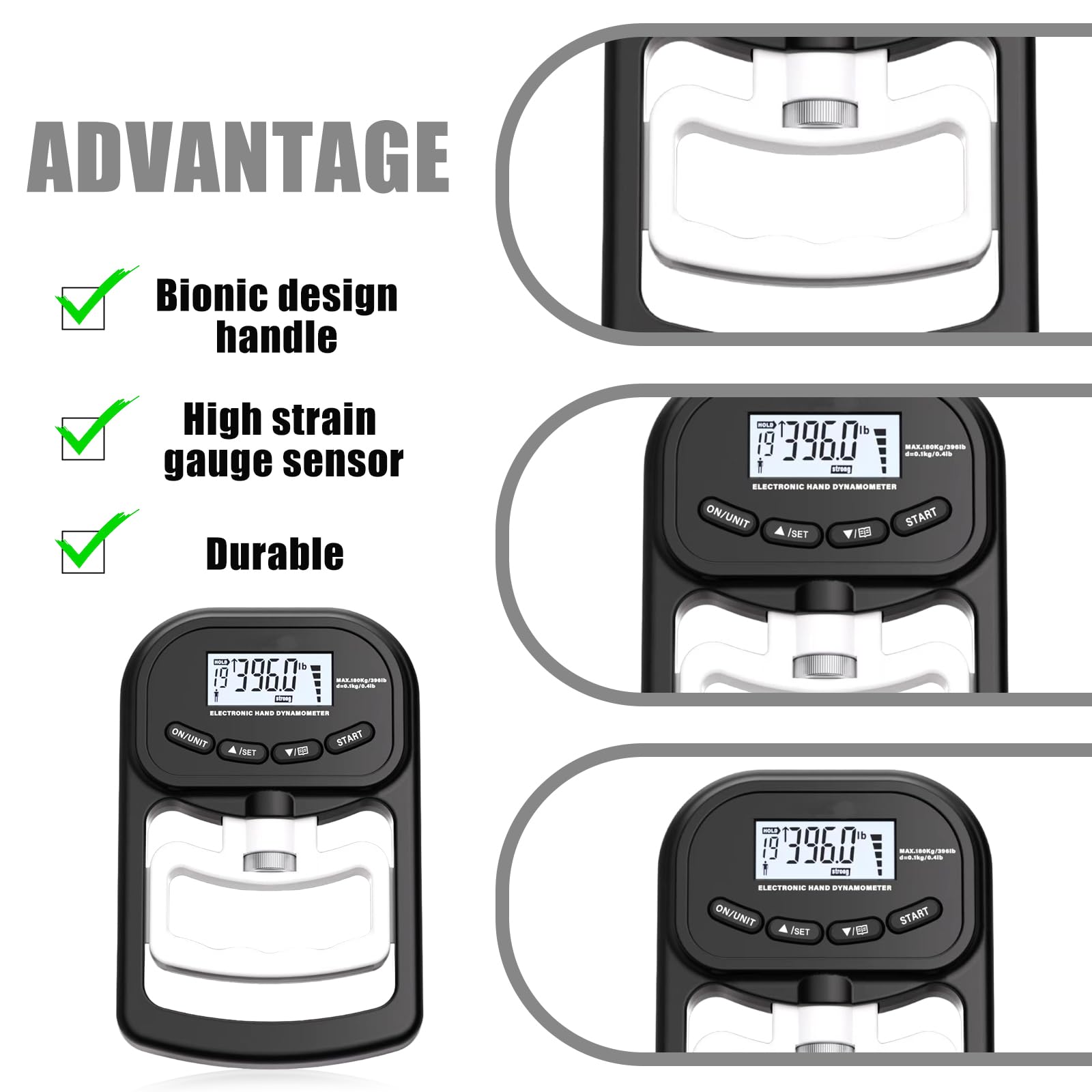 Medidor de fuerza digital manual, 396 lb/180 kg, color negro, dinamómetro de mano con cable de carga USB, gran pantalla LED