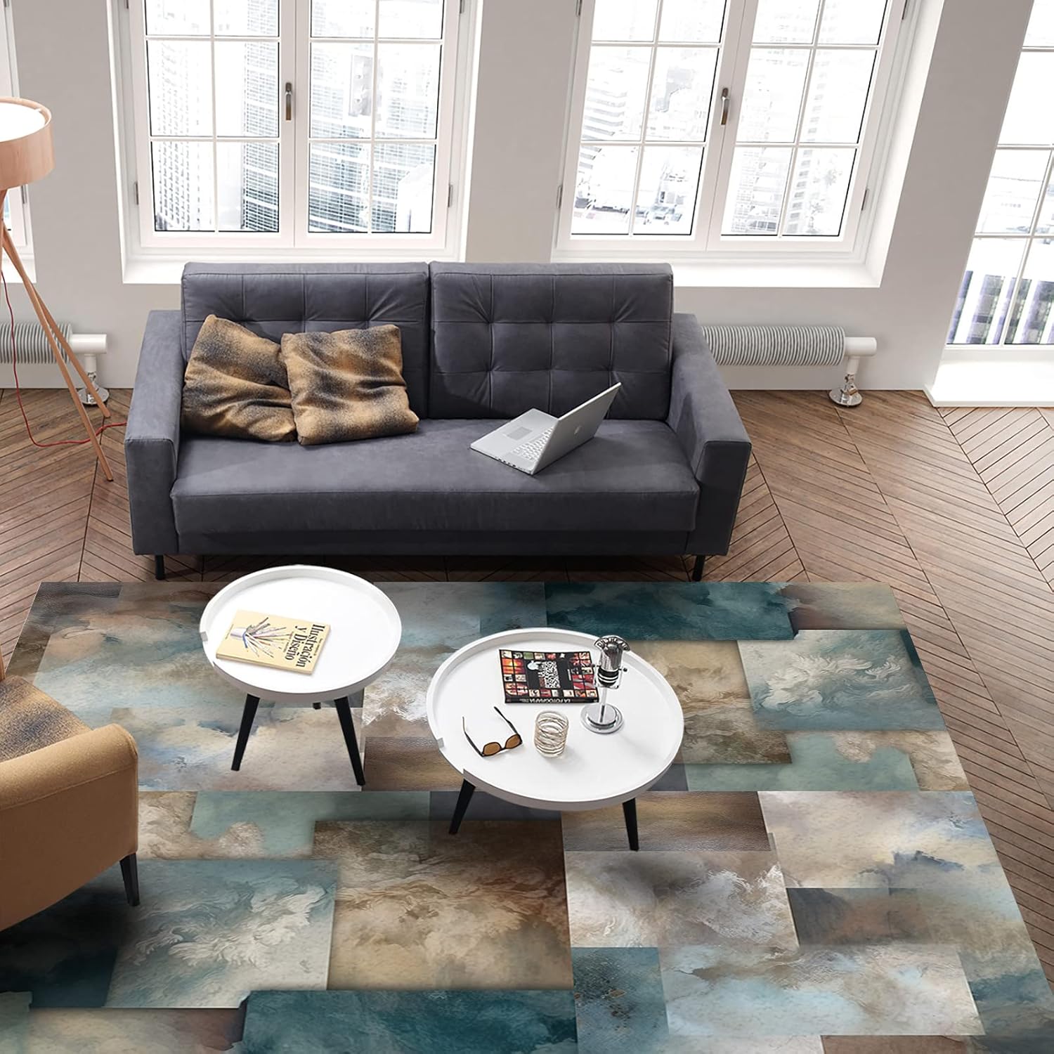 Area Rugs for Living Room, 5'x7' Marble Teal Brown Abstract Geometric Lines Large Washable Rug Soft Durable Indoor Carpet Non Slip Floor Mat for Bedroom Dining Room Entryway