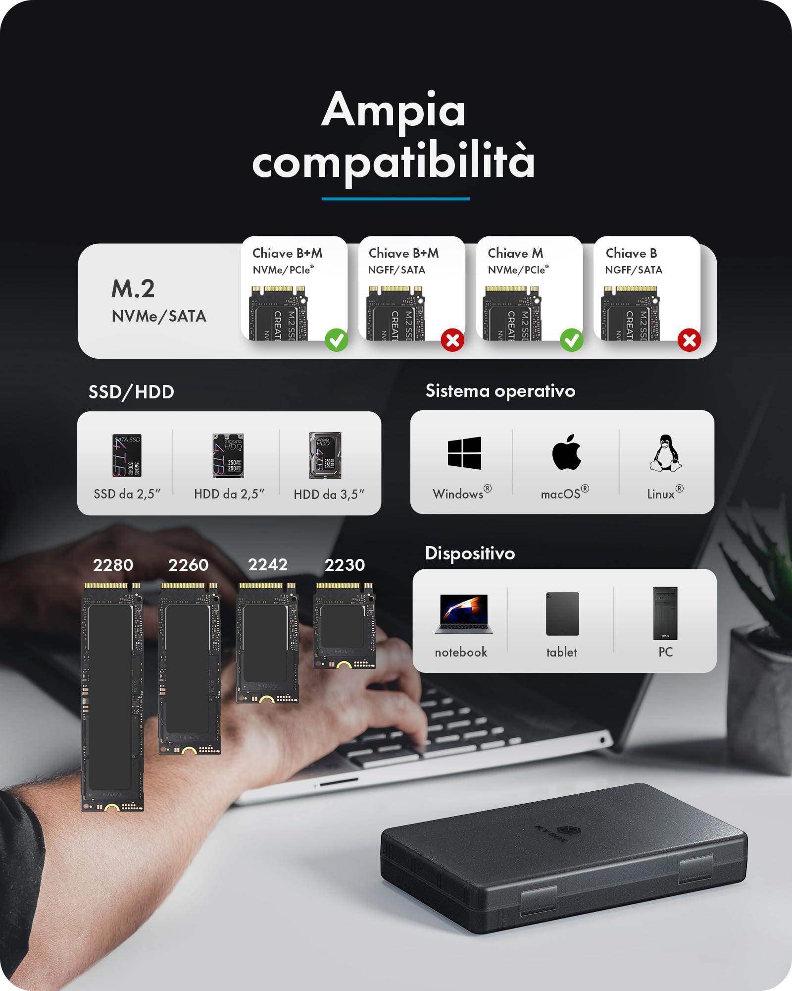 ICY BOX Spade Clone 3882 Docking Station e stazione di clonazione per SSD M.2 NVMe e HDD/SSD SATA 2,5"/3,5", USB-C 3.2 Gen 2 (10 Gbps), clonazione offline, HotSwap, IB-3882MSCL-CU31