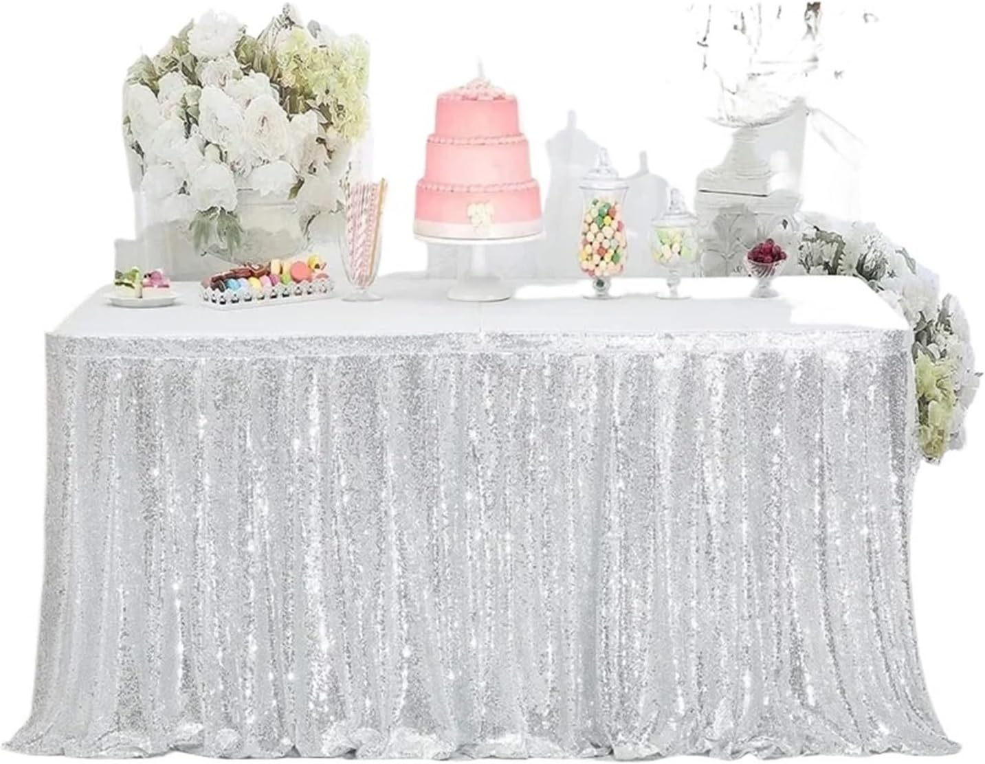 Party table skirt， Sequin Table Skirt Tables Flash Cloth Birthday Party Decor Wedding Festival Event Rectangle Glitter Table Skirts Decoration For Wedding, Birthday, Party, Bar, Prom(Silver,70x250CM)