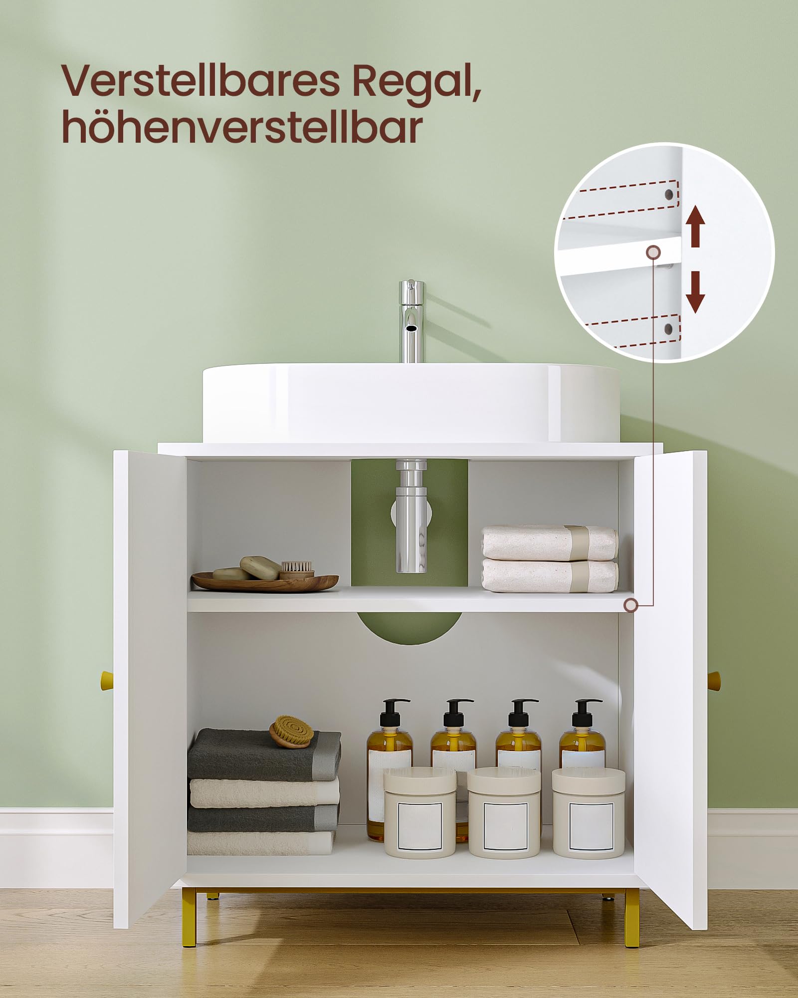Hzuaneri Waschbeckenunterschrank, Unterschrank, Waschtischunterschrank, Badezimmerschrank mit 2 Türen, Verstellbare Ablage, Viel Stauraum, Freistehend, Landhausstil, 30 x 60 x 63 cm, Weiß BC19103X