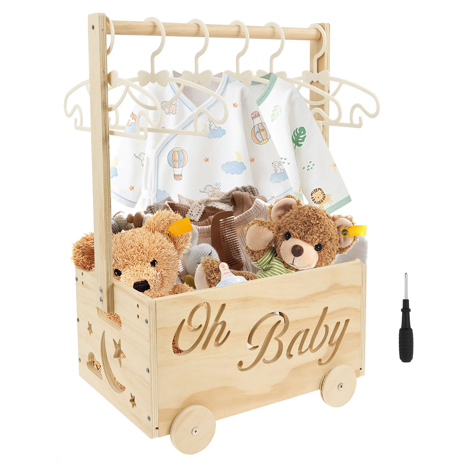 Panier cadeau pour bébé, avec poignée, 34 × 23 × 50 cm, panier cadeau pour bébé, en bois, avec 6 crochets, boîte de rangement personnalisée, cadeau de bienvenue pour nouveau-nés, garçons et filles