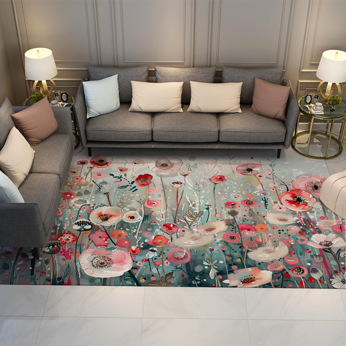 Tapis boho 160x200 rose corail bleu sarcelle grand tapis de salon fleuri multicolore