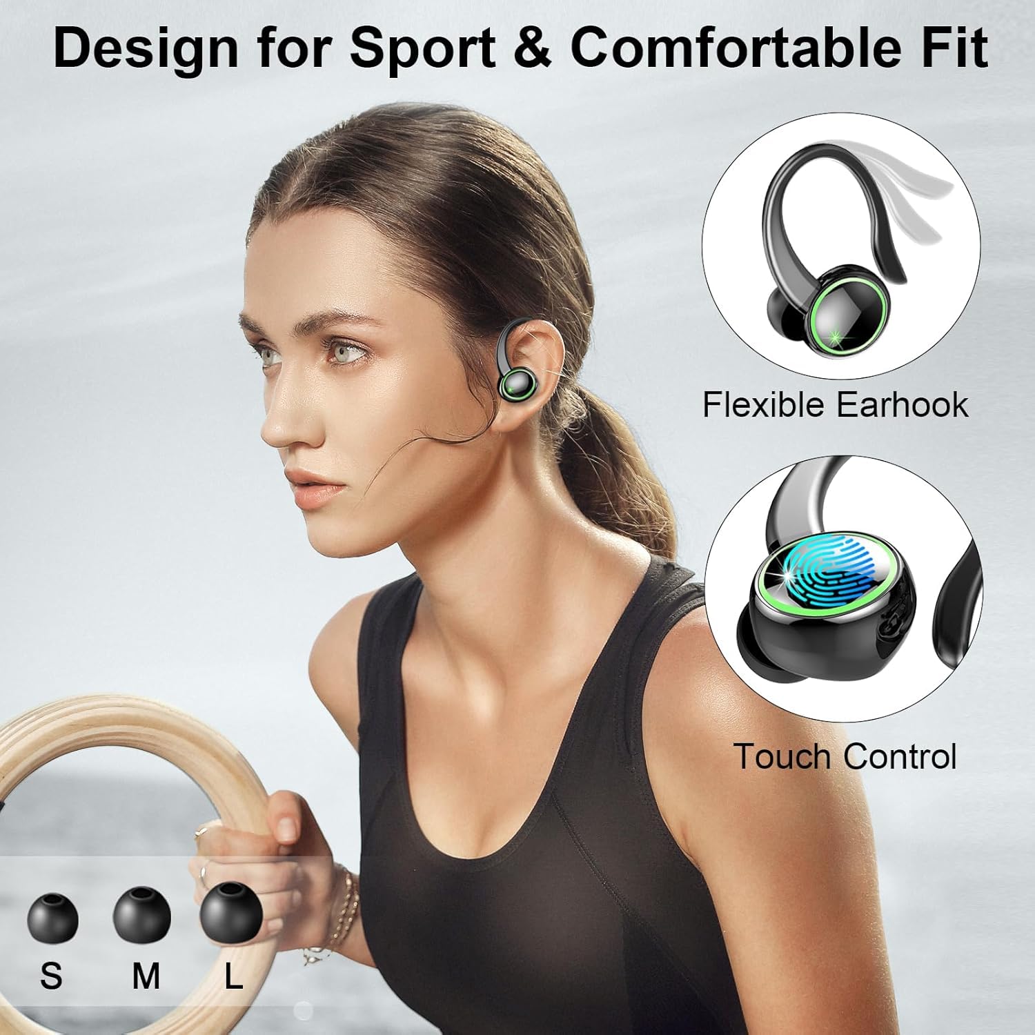 Wireless Earbuds, Bluetooth 5.4 Headphones, 50H+ Playtime Stereo Noise Canceling Headphones with 4 ENC Mic, Sport Ear buds with Earhooks, IPX7 Waterproof Wireless Earphones for Sport/Running/Gym — view 3