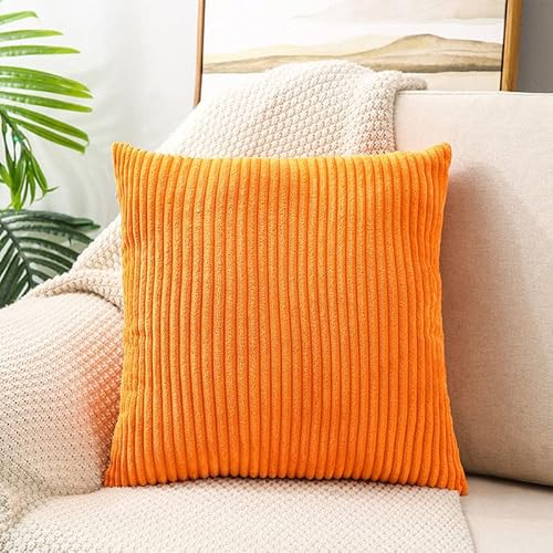Throw Pillow Covers 18X18 Set Of 2, Orange Pillow Covers Decorative Soft Corduroy Couch Pillow Covers Neutral Cushion Pillowcase Case For Living Room Bed Sofa Car Home Decoration (Striped Orange) #TOP5