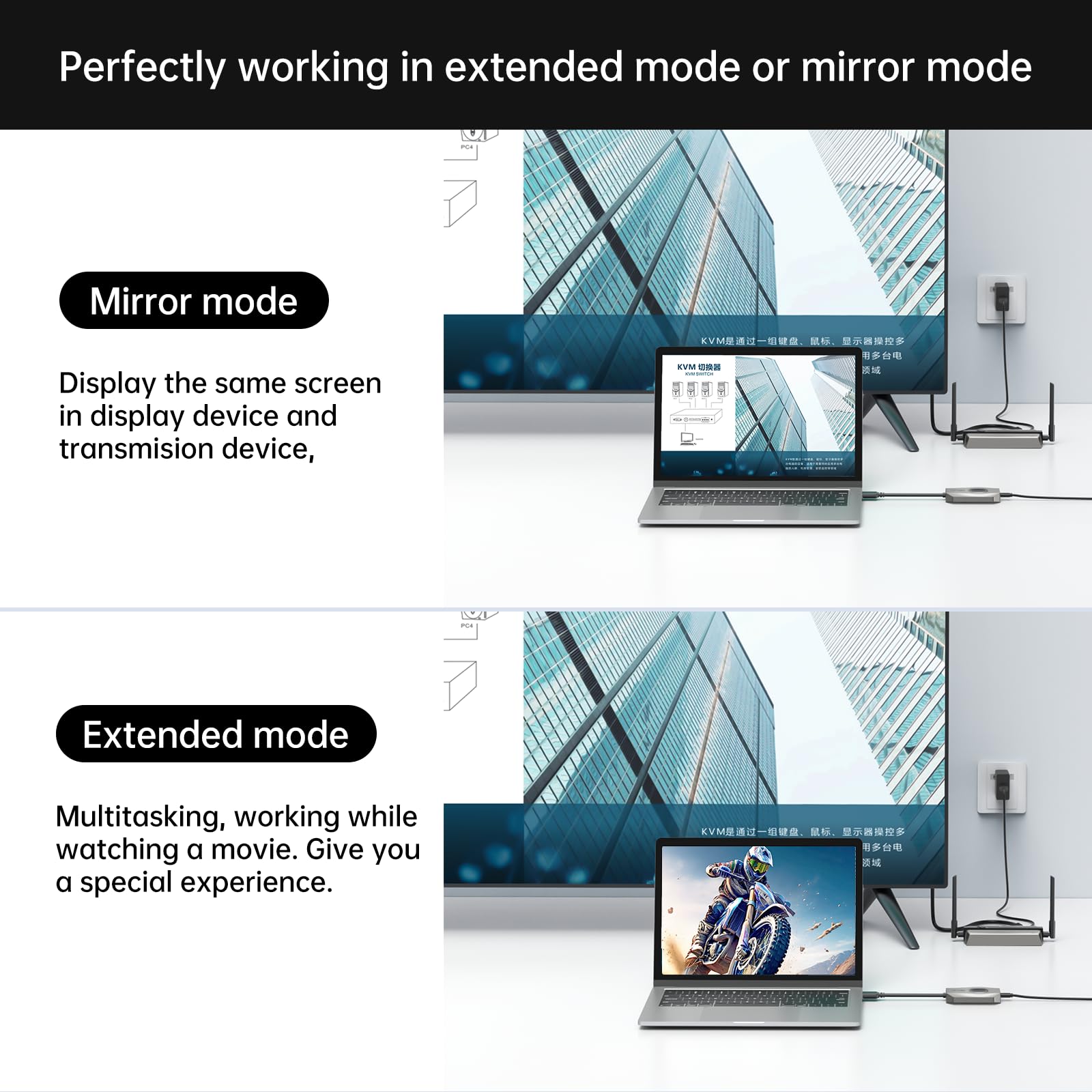 MT-VIKI Bezprzewodowy nadajnik 4K30 Hz HDMI 5G HDMI bezprzewodowy nadajnik i odbiornik 50 m do telefonu komórkowego, laptopa na monitor, projektor z 2 x wyjście HDMI i 1 x wyjście VGA HDMI 1.4/1.3
