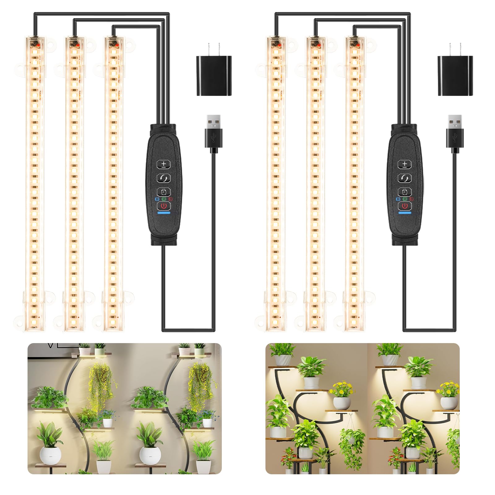 8.6'' LED Grow Light Strip, 3500K Full Spectrum Indoor Plant Light with 3/9/12H Timer, 10 Levels of Dimmable Light, Suitable for Hydroponics, Succulents, Plant Stands, 2-Pack