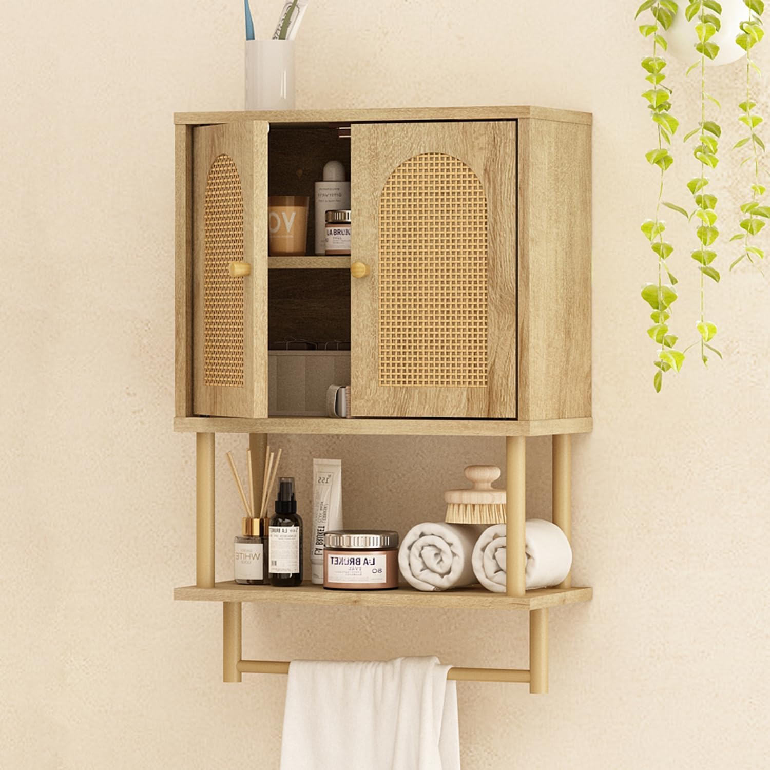 RUSTOWN Rattan Bathroom Wall Cabinet, Modern Boho Medicine Cabinet with Two Arched Rattan Doors, Over The Toilet Storage Cabinet with Adjustable Shelf and Towel Bar for Bathroom (Natural, Small)
