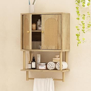 RUSTOWN Rattan Bathroom Wall Cabinet, Modern Boho Medicine Cabinet with Two Arched Rattan Doors, Over The Toilet Storage Cabinet with Adjustable Shelf and Towel Bar for Bathroom Natural, Small