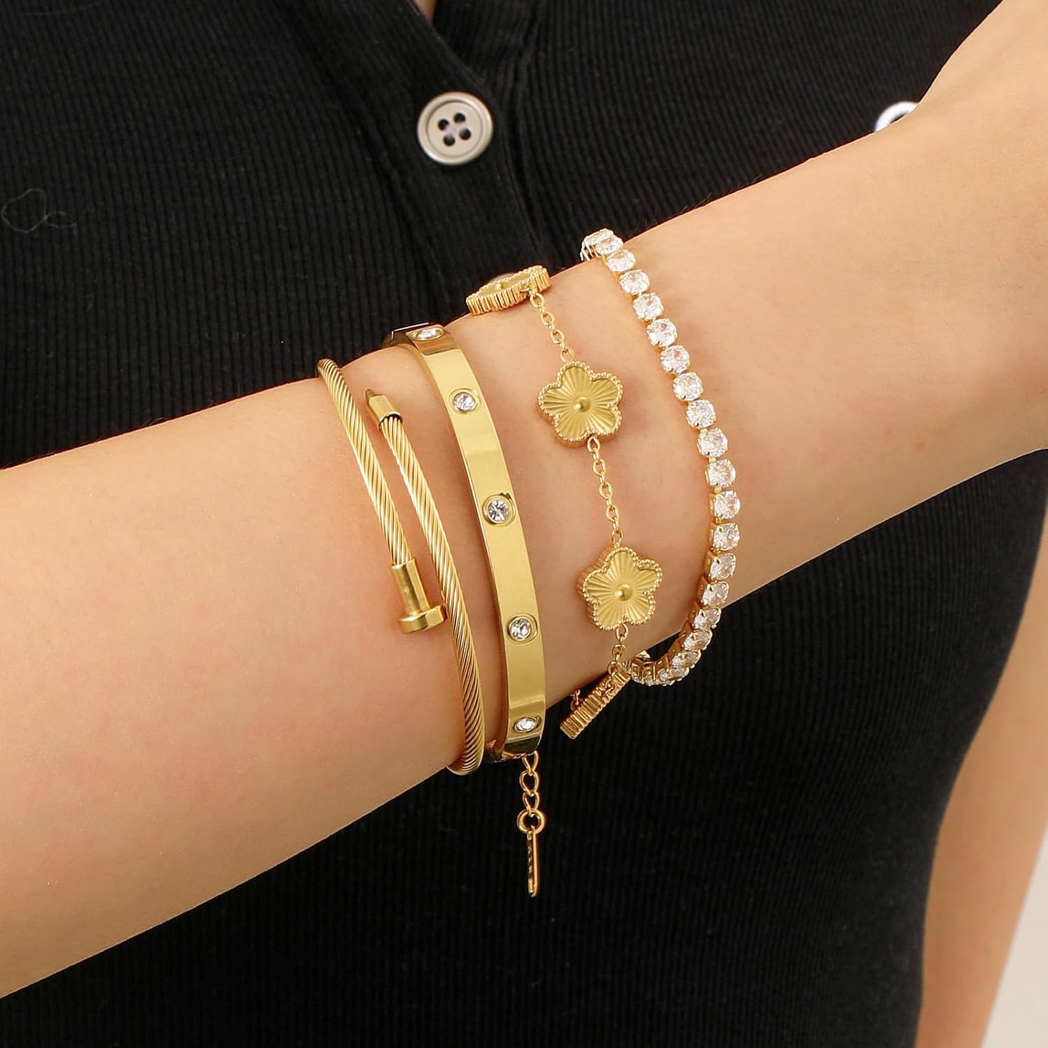 18K Gold Plated Womens Stackable Floral Bracelets Set,Twisted Cable Bangle,Trendy Jewelry,Waterproof adjustable bracelet,Christmas Birthday Gifts for Girlfriend or Mother. - Image 3