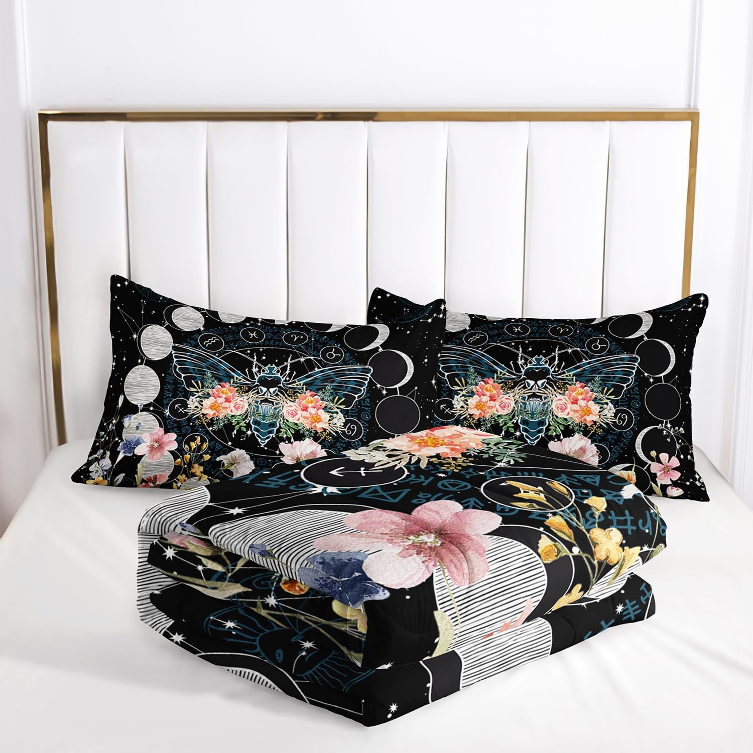 AILONEN Sun and Moon Comforter Set Full Size, Death Moth Bedding Set for Kids,Natural Plant Theme Bed in a Bag,3 PCS,1 Quilt and 2 Pillowcases,Soft Microfiber