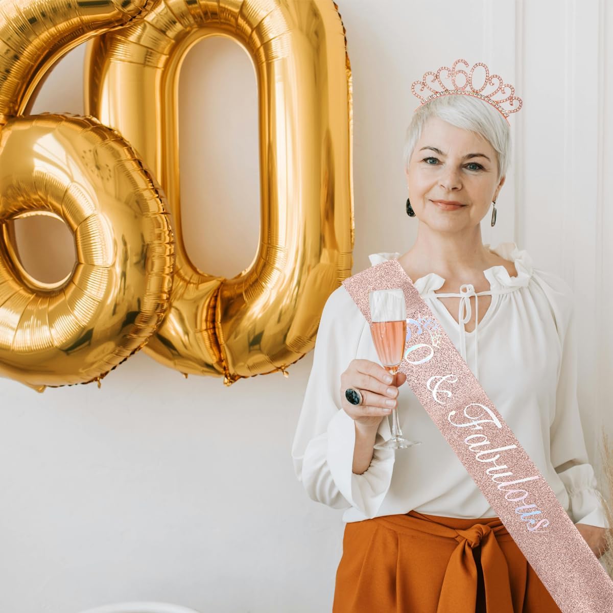 60th Birthday Decoration for Women,Rose Gold Birthday Sash and Rhinestone Headband for Women's 60th Birthday Party Decor