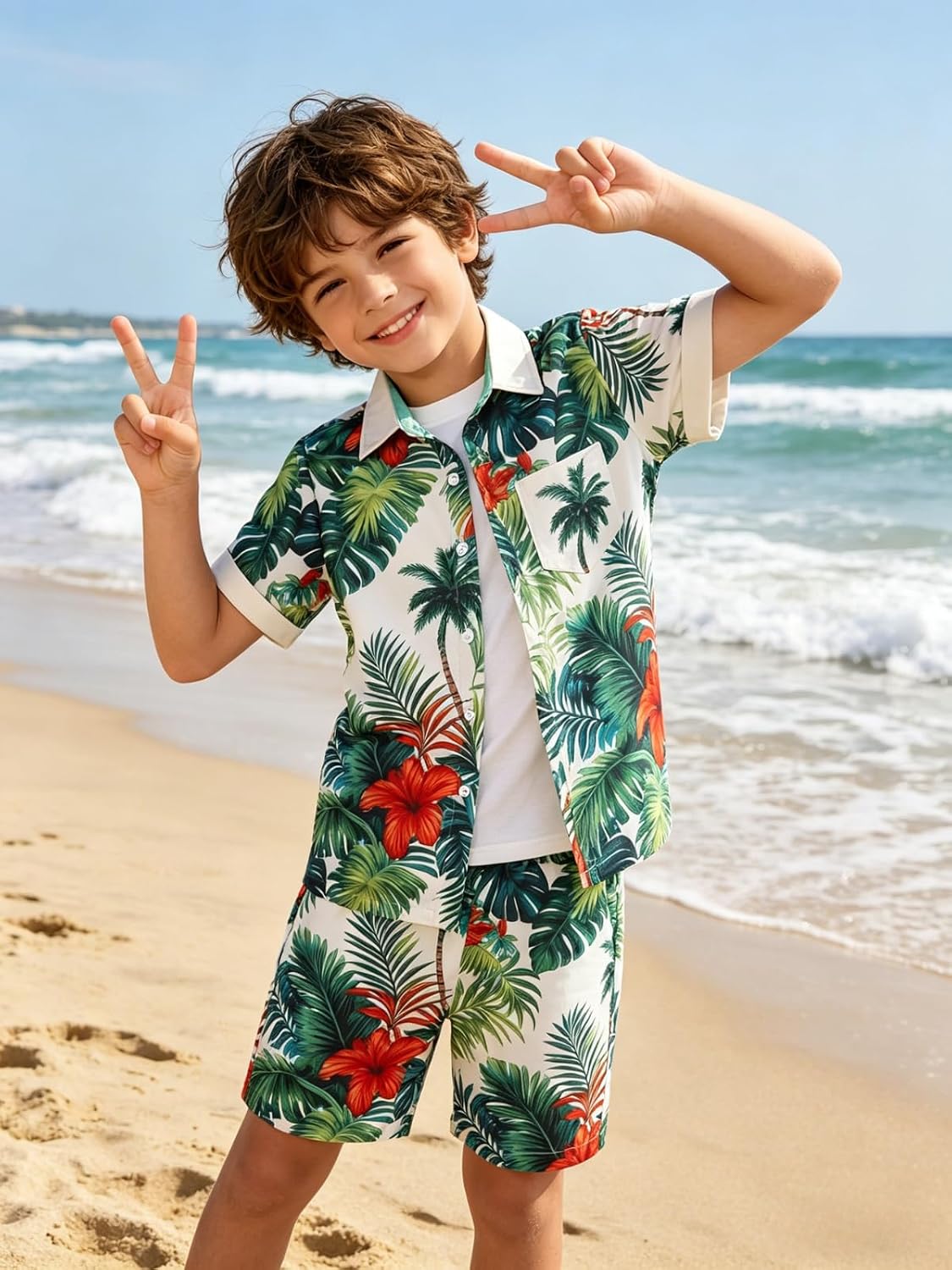 Boys Clothes 2 Piece Hawaiian Button Down Shirt&Short Sets 6-12Y