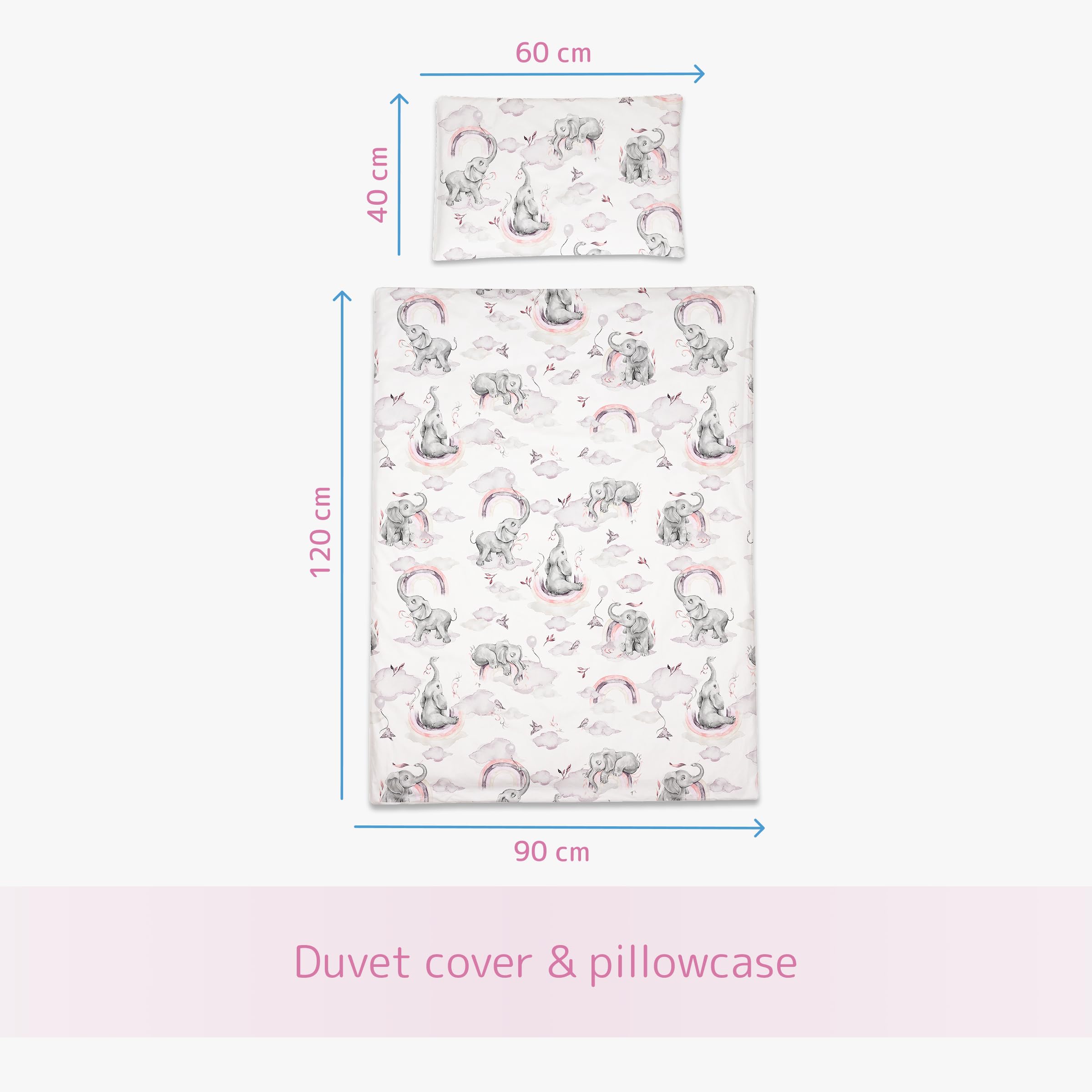 2 Piece Baby Kids Bedding Set 120x90 cm Duvet Cover & Pillowcase for Toddler Cot 12M+ (Pink Elephants), 38, Single (120x90 cm) - Image 4
