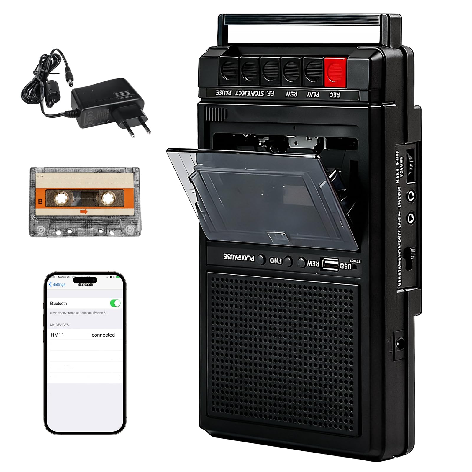 Lecteur de cassette rétro portable, lecteur de cassette Bluetooth avec fonction d'enregistrement, numérisation de cassettes via USB et audio, lecteur de cassette mobile avec double alimentation