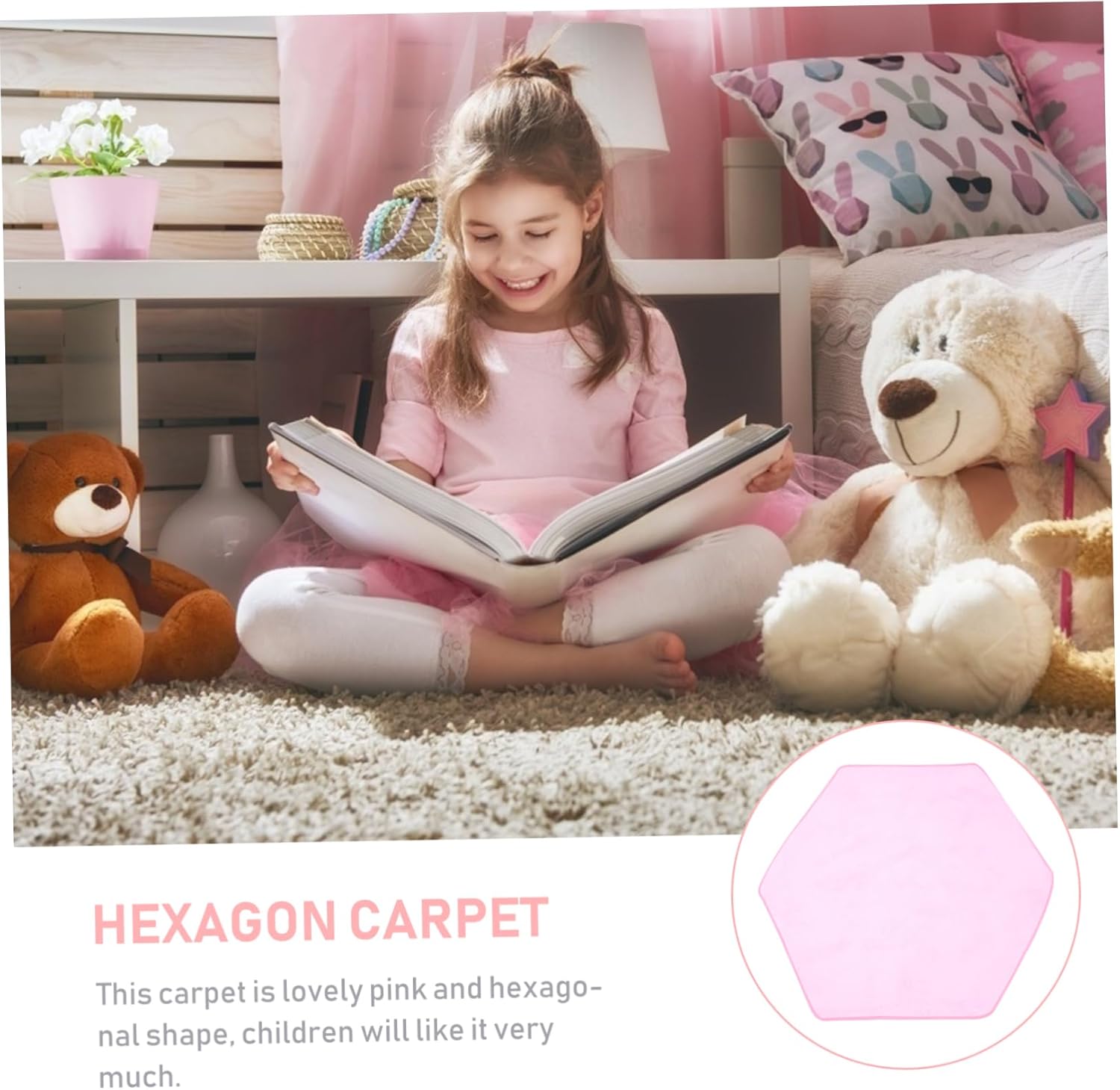 Hexagonal Non Slip Floor Mat for Indoor Play and Friction Carpet Pad Pink Rug for Bedrooms Living Rooms and Play Tents